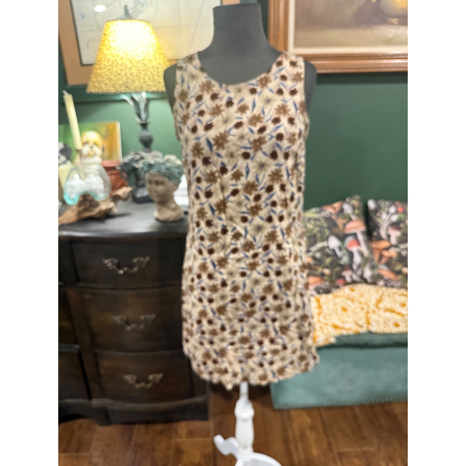 Vintage California Concepts 90s Floral Sleeveless Shift Dress Brown Blue Size 13