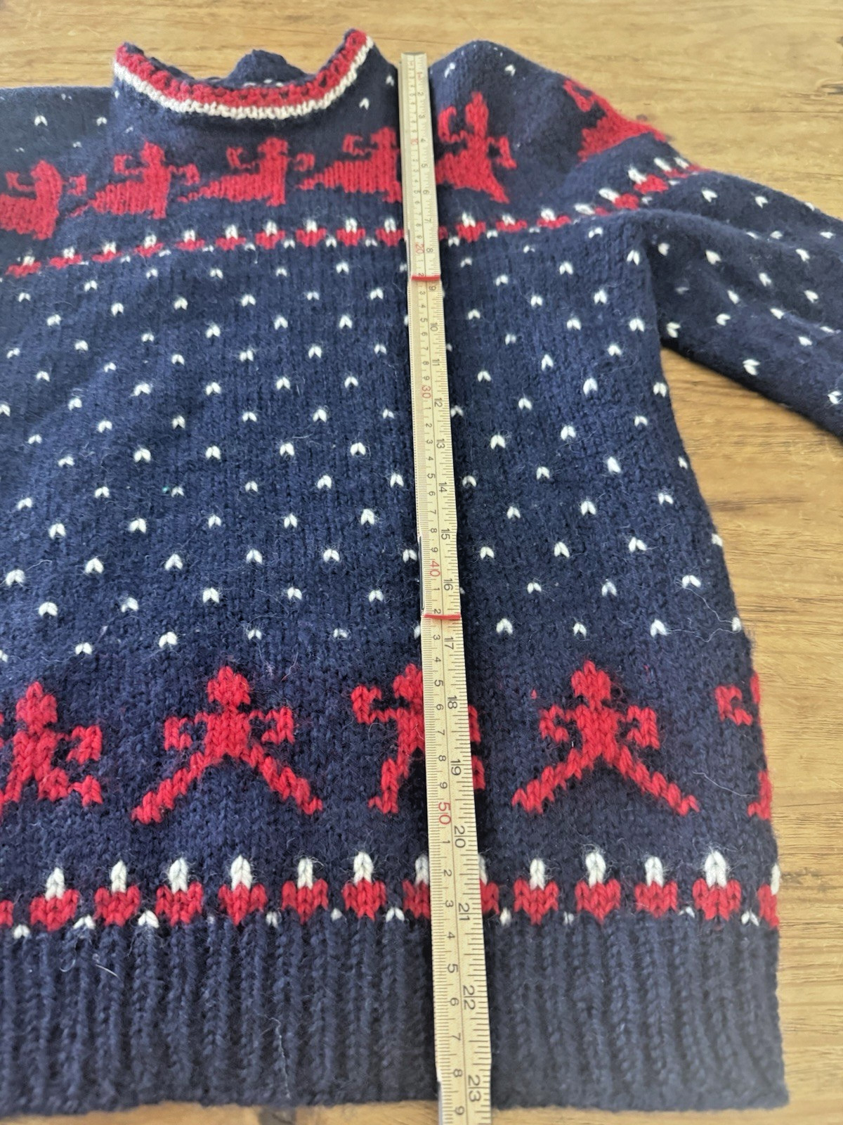 Vintage Norwegian Hand Knit 100% Wool Navy Red Pullover Sweater Sz S