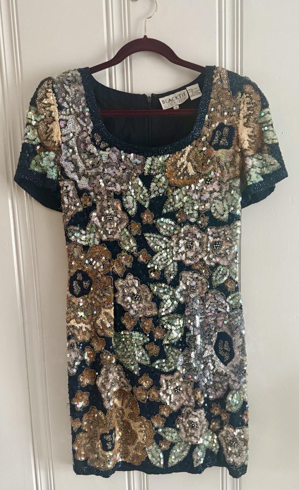 VTG Black Tie Oleg Cassini Iridescent Rainbow Floral Sequined Dress 8 10 38”Bust