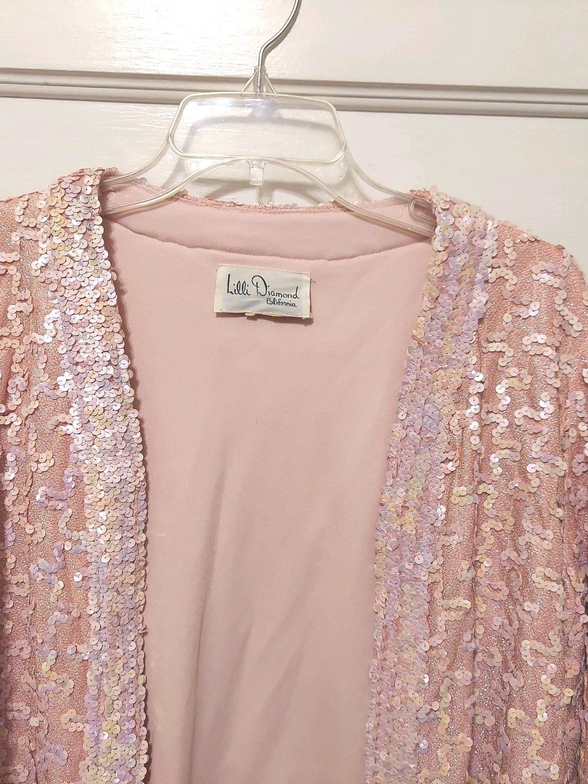 Vtg Lilli Diamond Ladies 2 Pc Pink Sequined Lined Jacket & Top Set