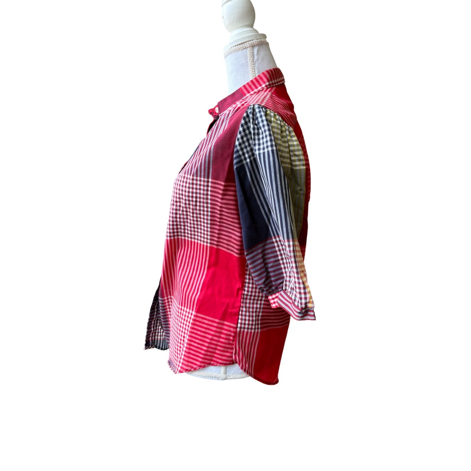 Cheryl Tiegs Vintage 80s Patchwork Plaid Button Down Shirt Red Multi Women’s Med