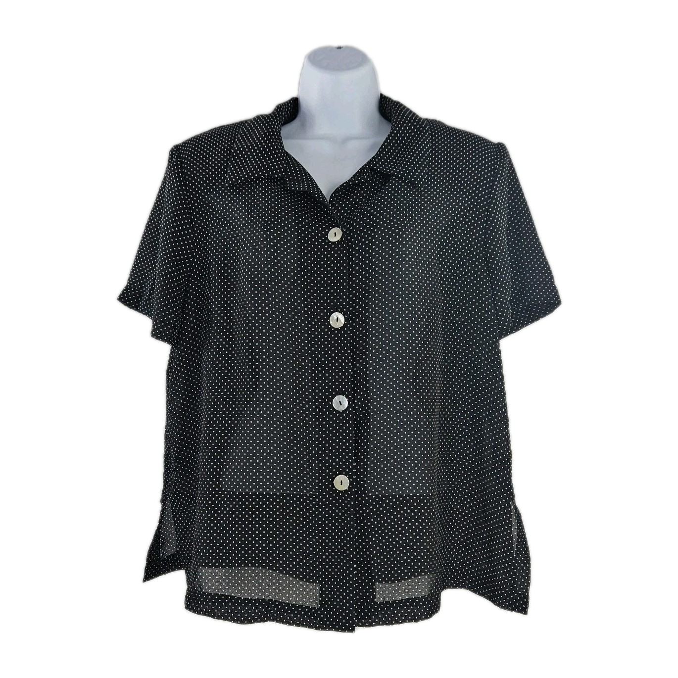 Vtg 80s/90s Maggie London Black White Polka Dot Blouse Shoulder pads L Sheer MOP