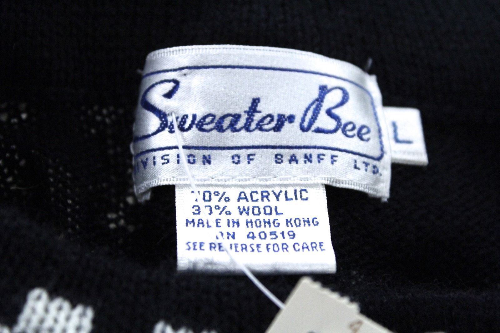 Vtg 80s Sweater Bee Banff Black White Flocked Pullover Wide Waistband L NWT