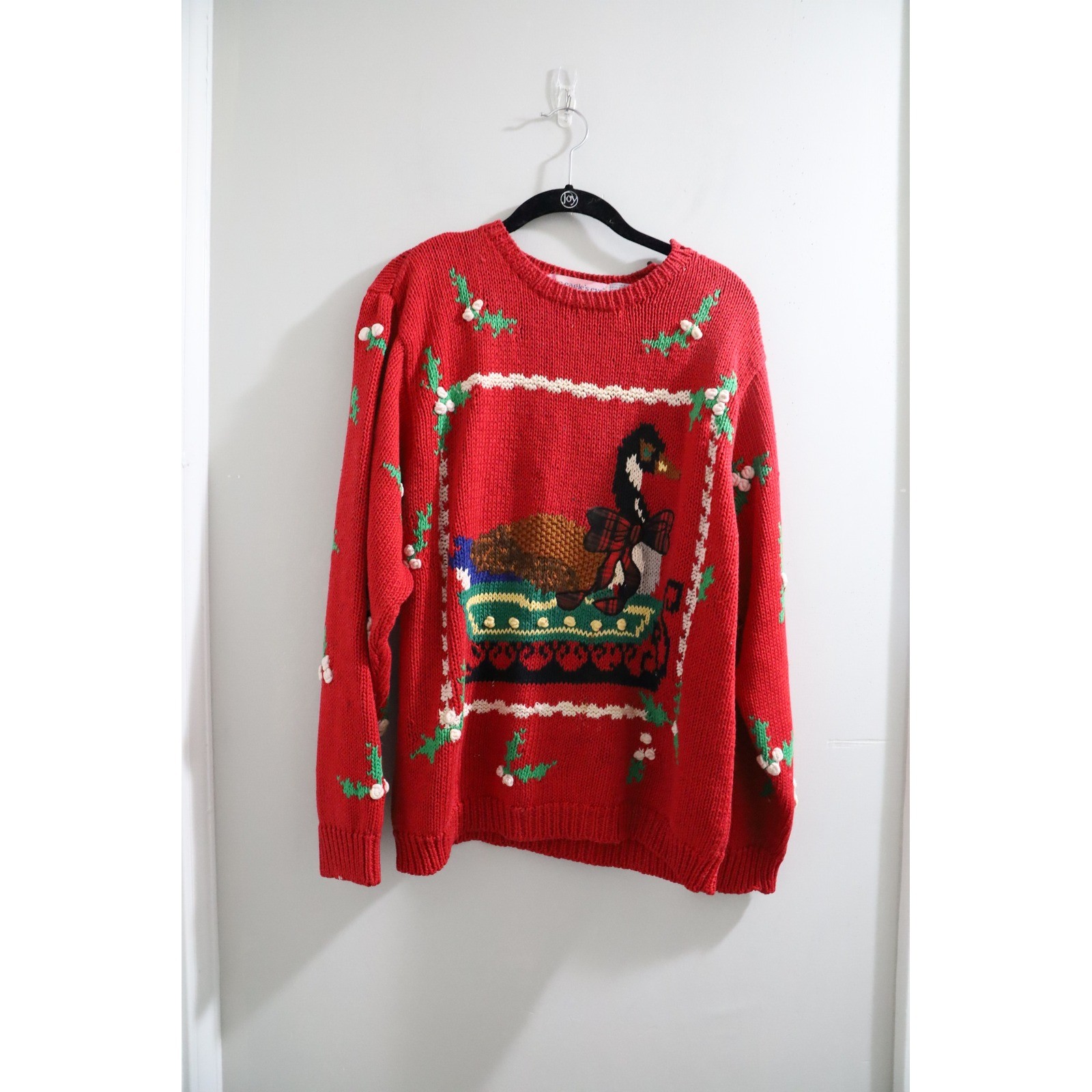 Vintage The Eagles Eye 1991 Red Hand Knit Goose Sleigh Christmas Sweater Large