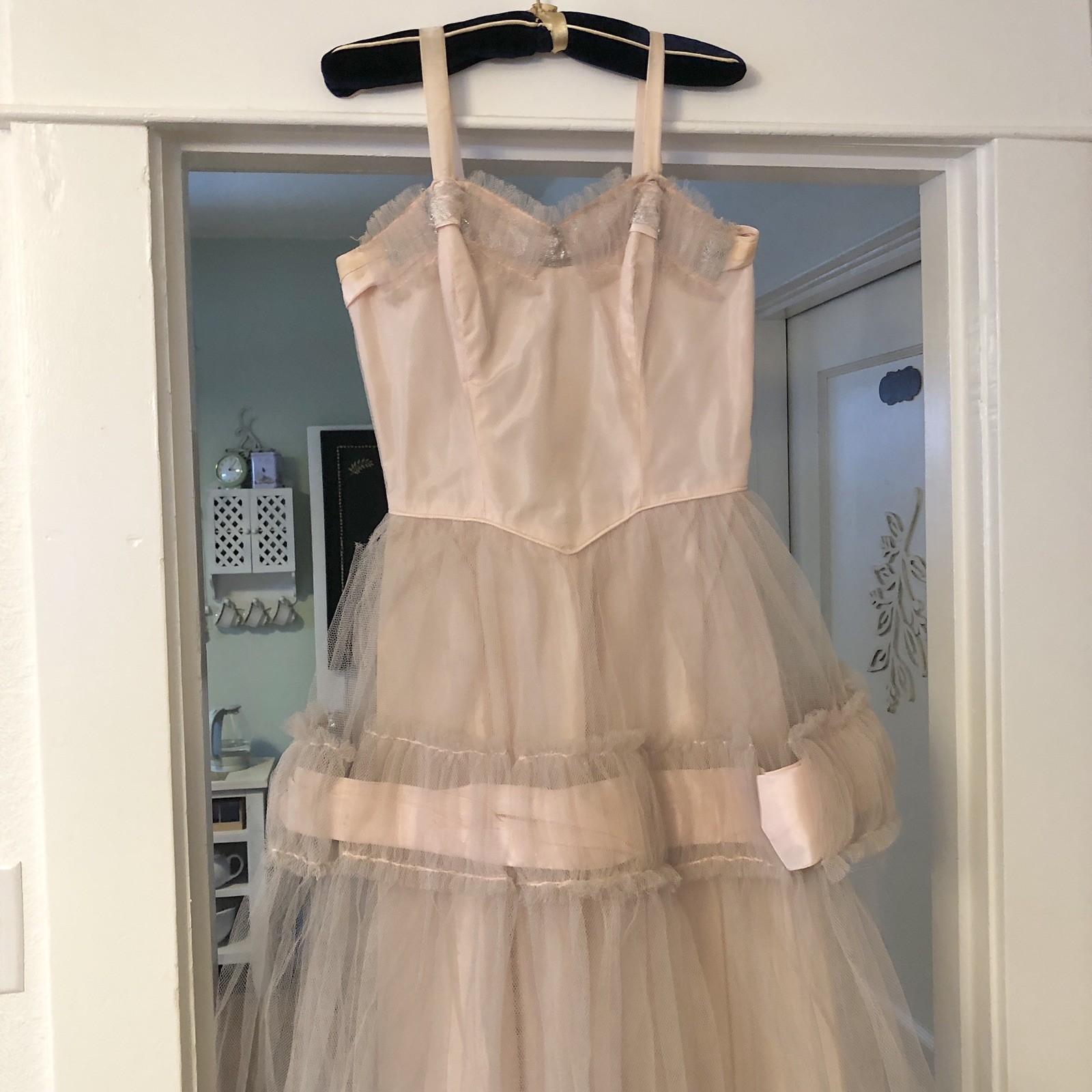 Vintage 50s Prom Party Dress XS Pink Acetate Tulle Net Overlay Sweetheart Read