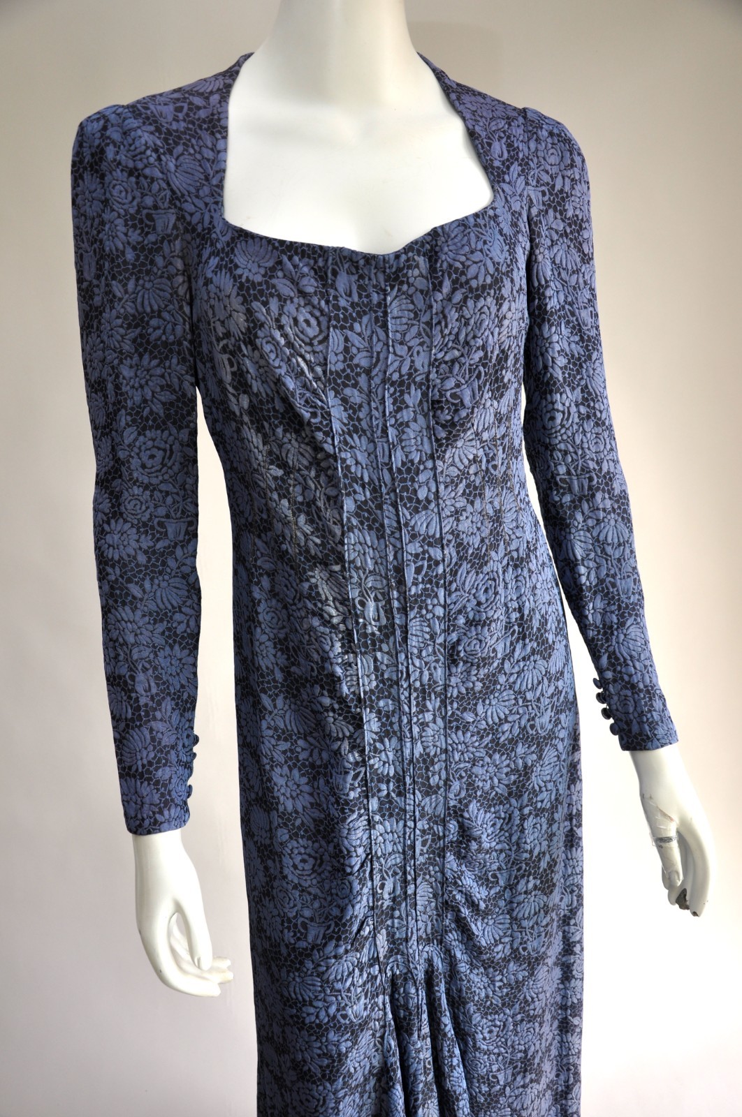 Vintage 1930s Blue Black Silver Floral Lame Maxi Dress Sweeping Skirt Deco Seams