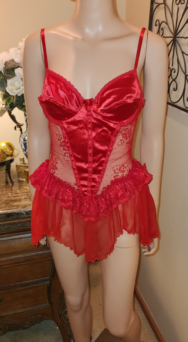 Vtg Silky Red Satin & Chiffon Babydoll Corset Style Underwire Bra Nightgown M