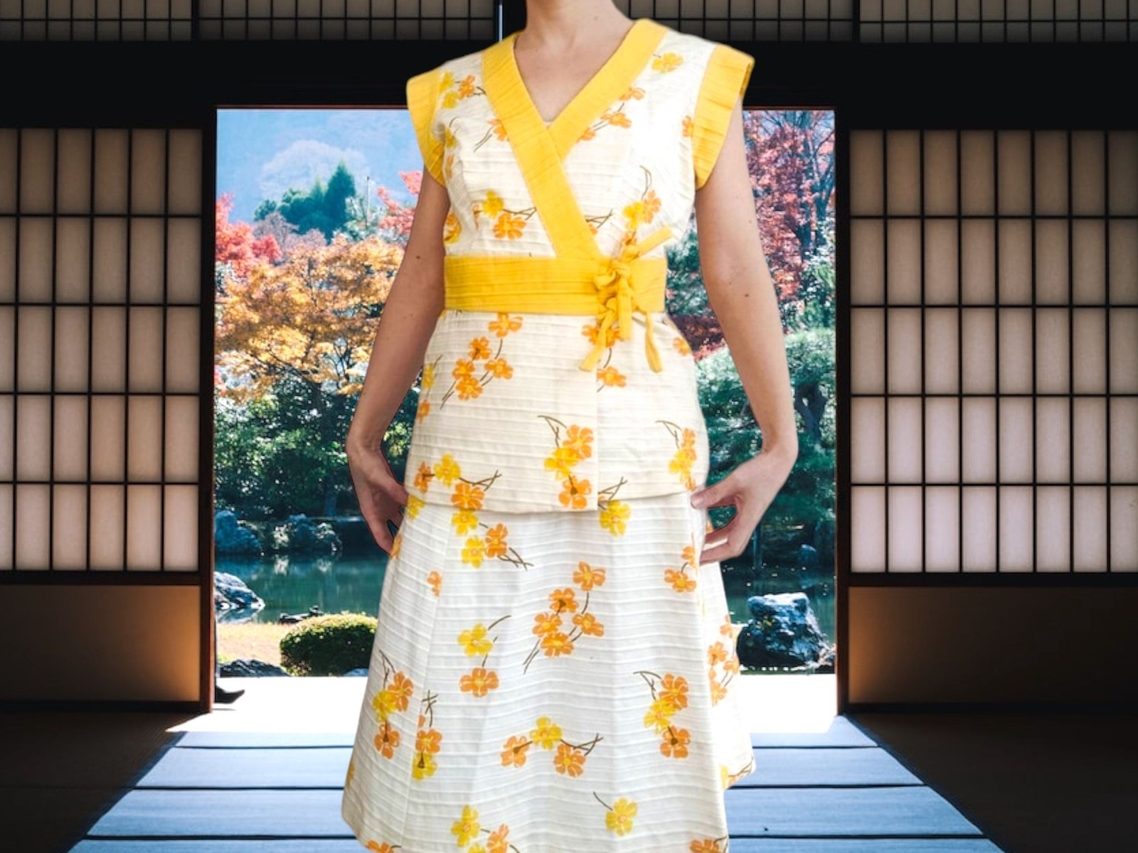 70s Vintage White Yellow Floral Wrap Top and Skirt 28 Waist
