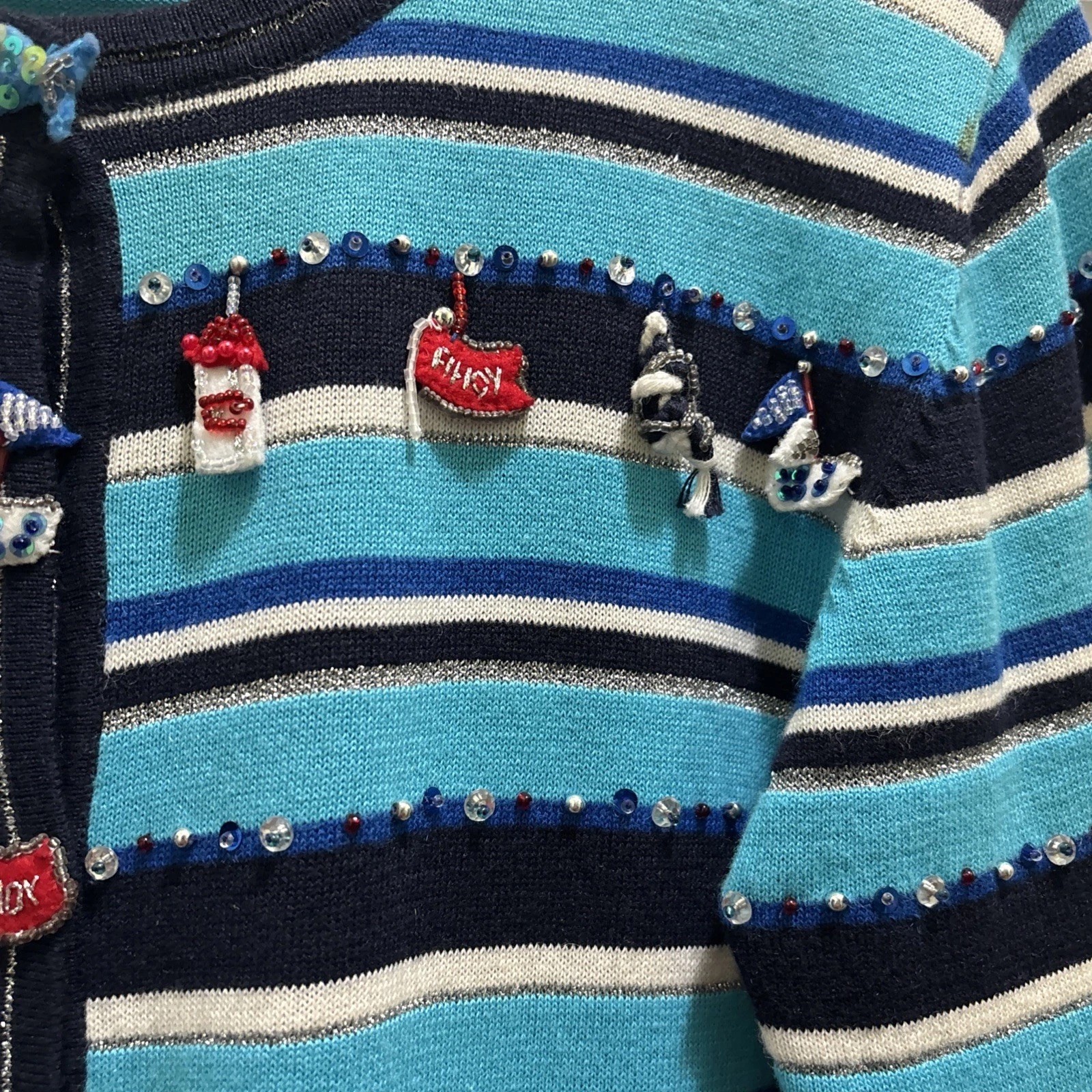 VTG Jack B Quick Cardigan Sweater Womens Petite Medium Turquoise Nautical Themed