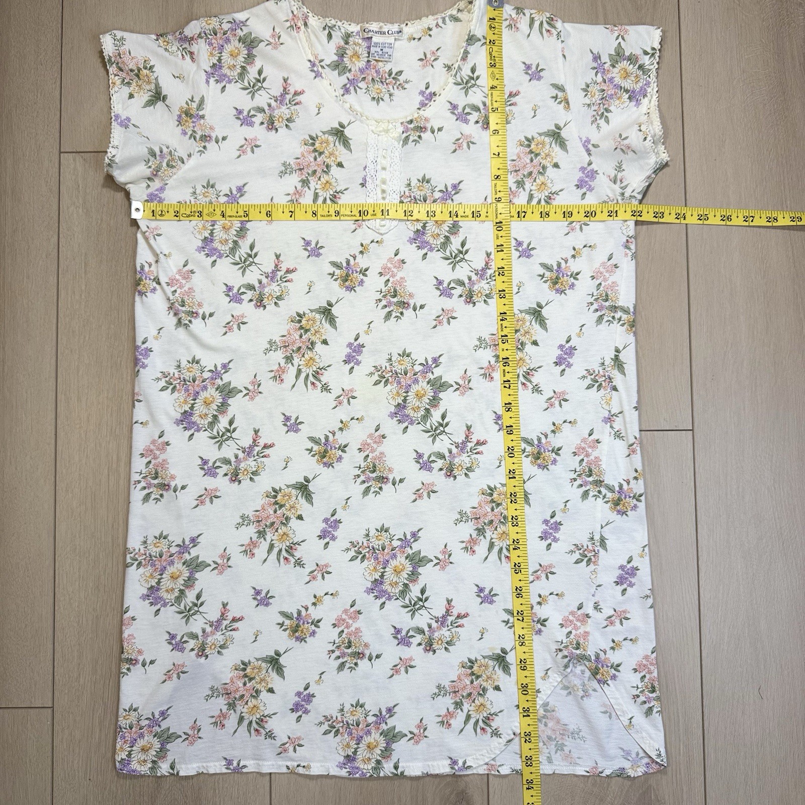 VTG Charter Club Floral Nightgown Women M Hong Kong Lace Trim Cotton 90s Cottage