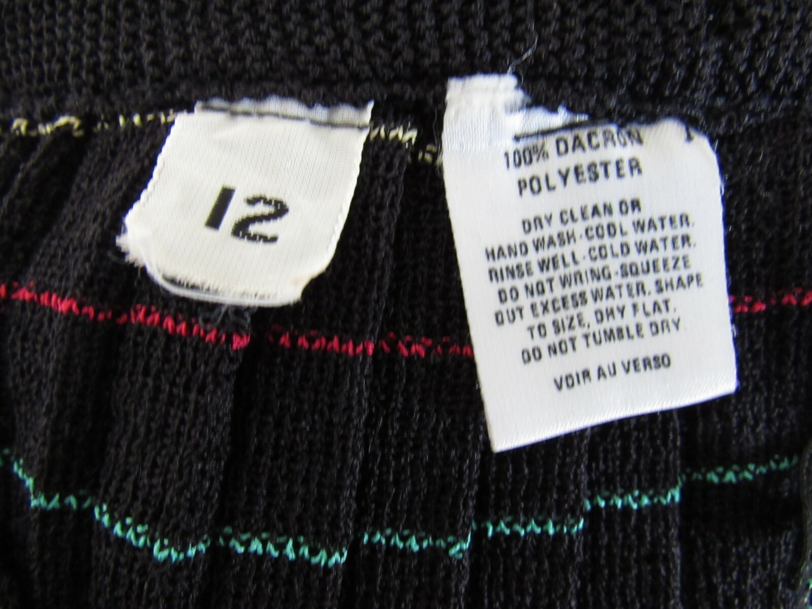 Vintage 1970s Dacron Polyester Knit Pleated Skirt 14 Black w/ Multi-Color Stripe