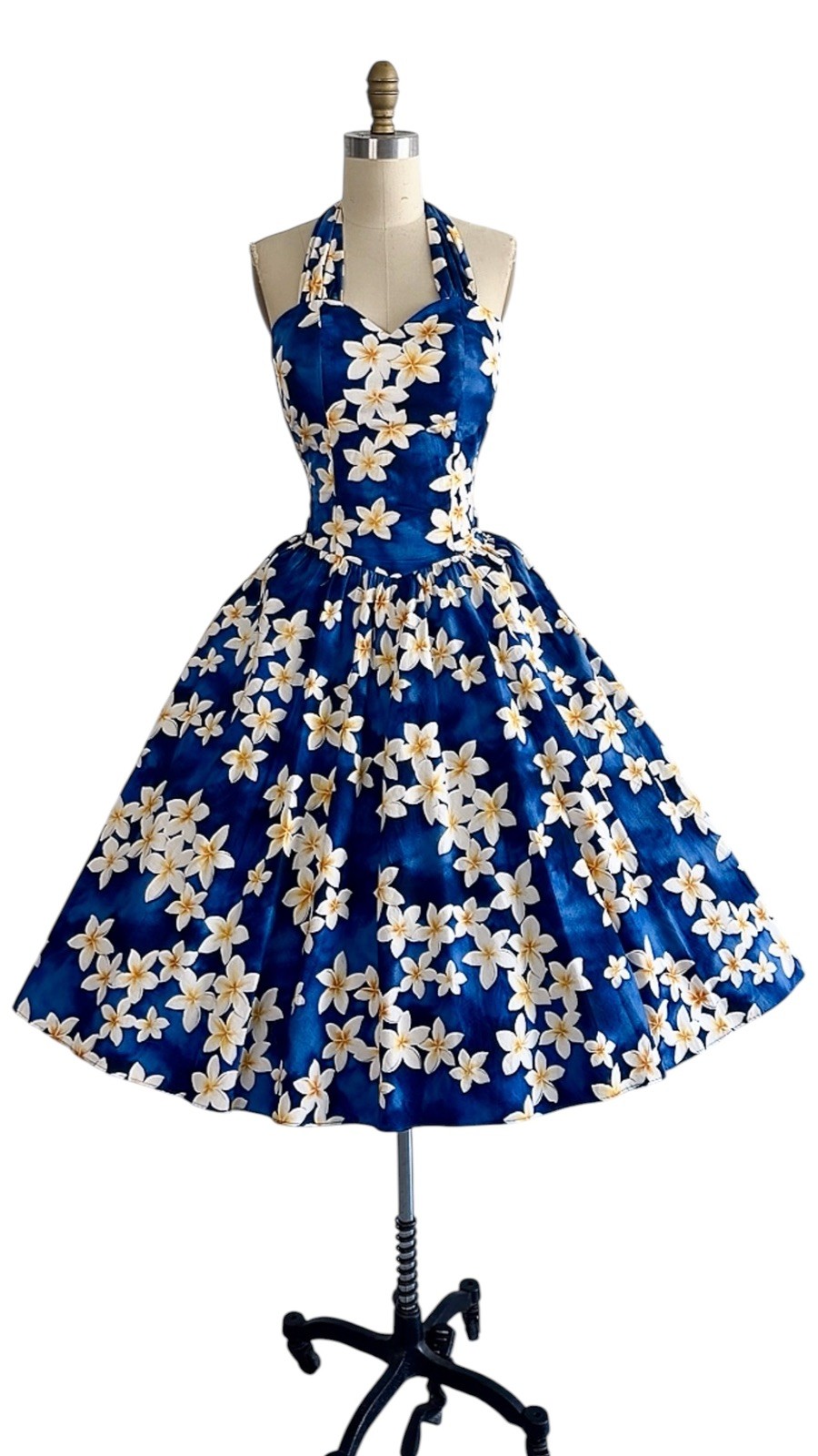 Vintage 1980s 1950s Style Blue Floral HAWAIIAN Pinup Dress Halter Top Sundress