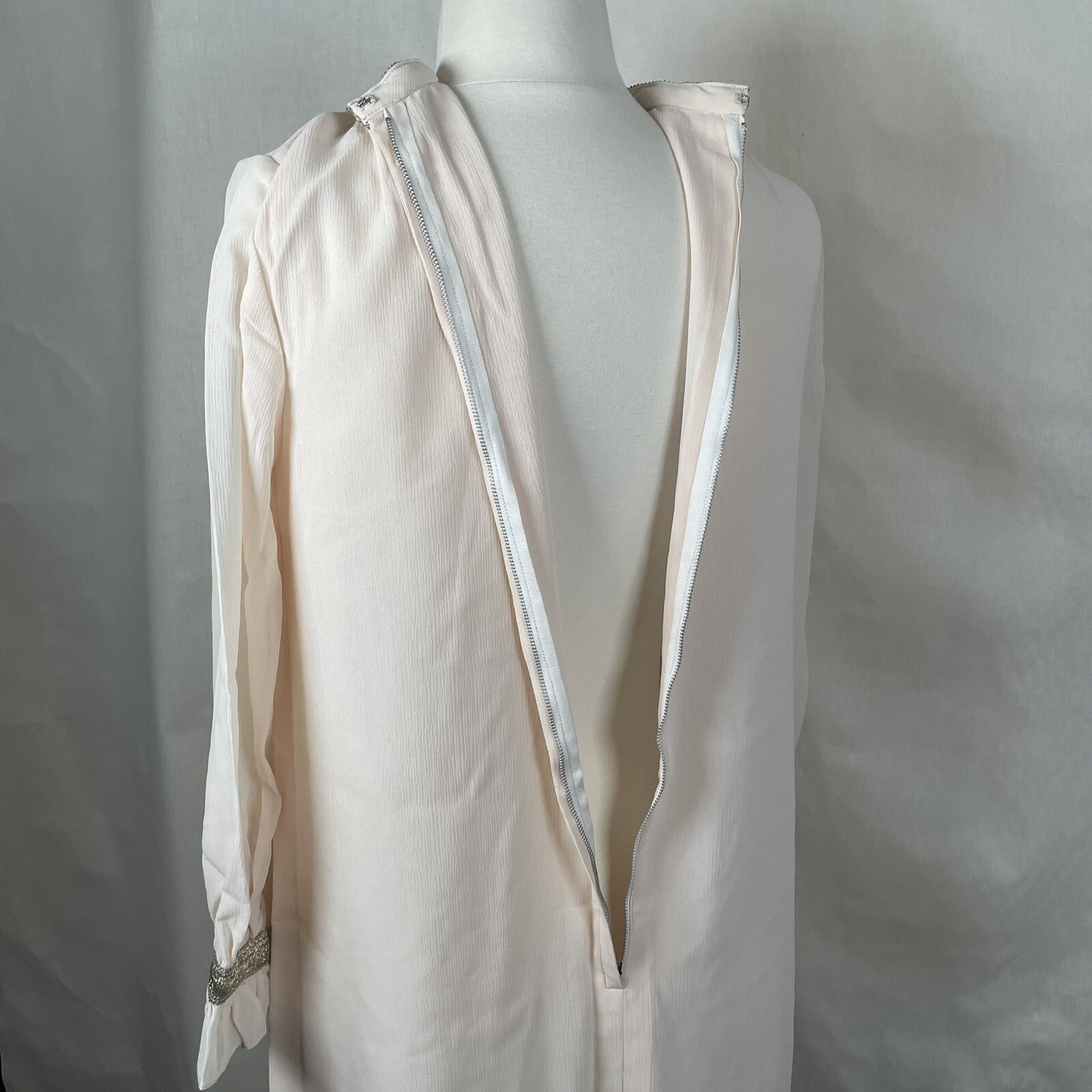 Light Blush Chiffon Vintage 1960s Evening Shift Dress XS Fancy Collar Organza