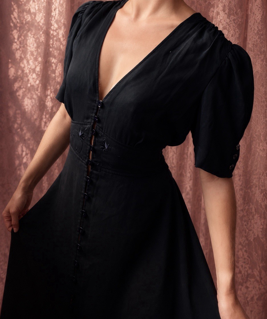 1990s dark blue chiffon 1940s style dress