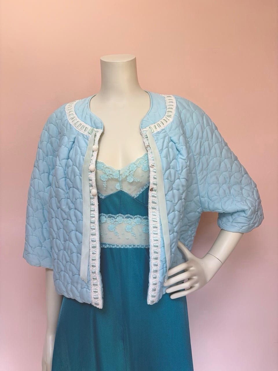 Vintage 70s/80s Teal Lace Lingerie Fairy coquette romantic Slip Dress Nylon L