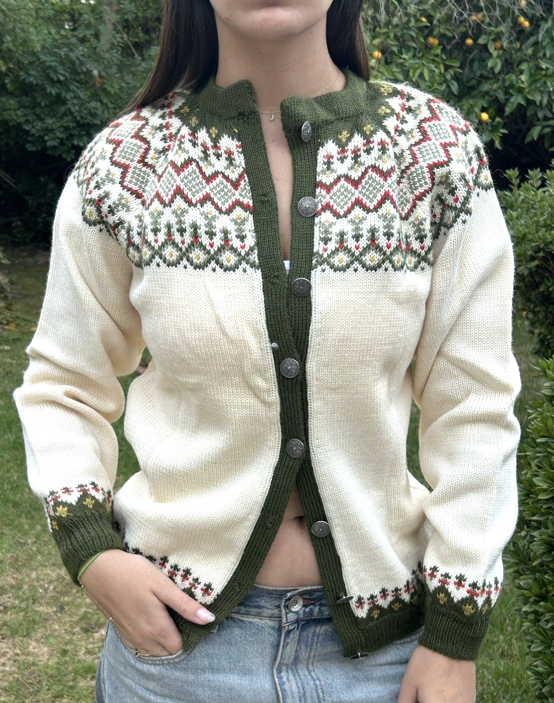 Vintage Handmade By O. Allers Nilssen Norway M 100% Wool Knit Cardigan Sweater