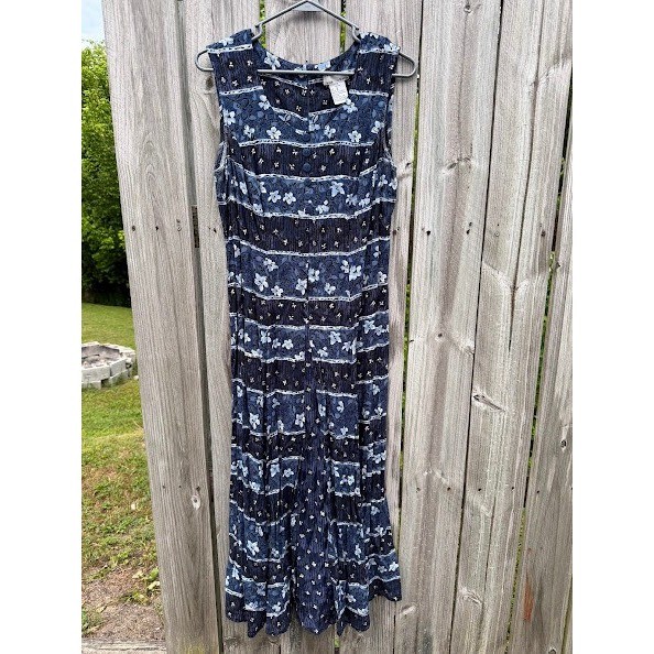 Vintage 90s Boho Sarah Richards Floral Maxi Dress Womens 8 Blue