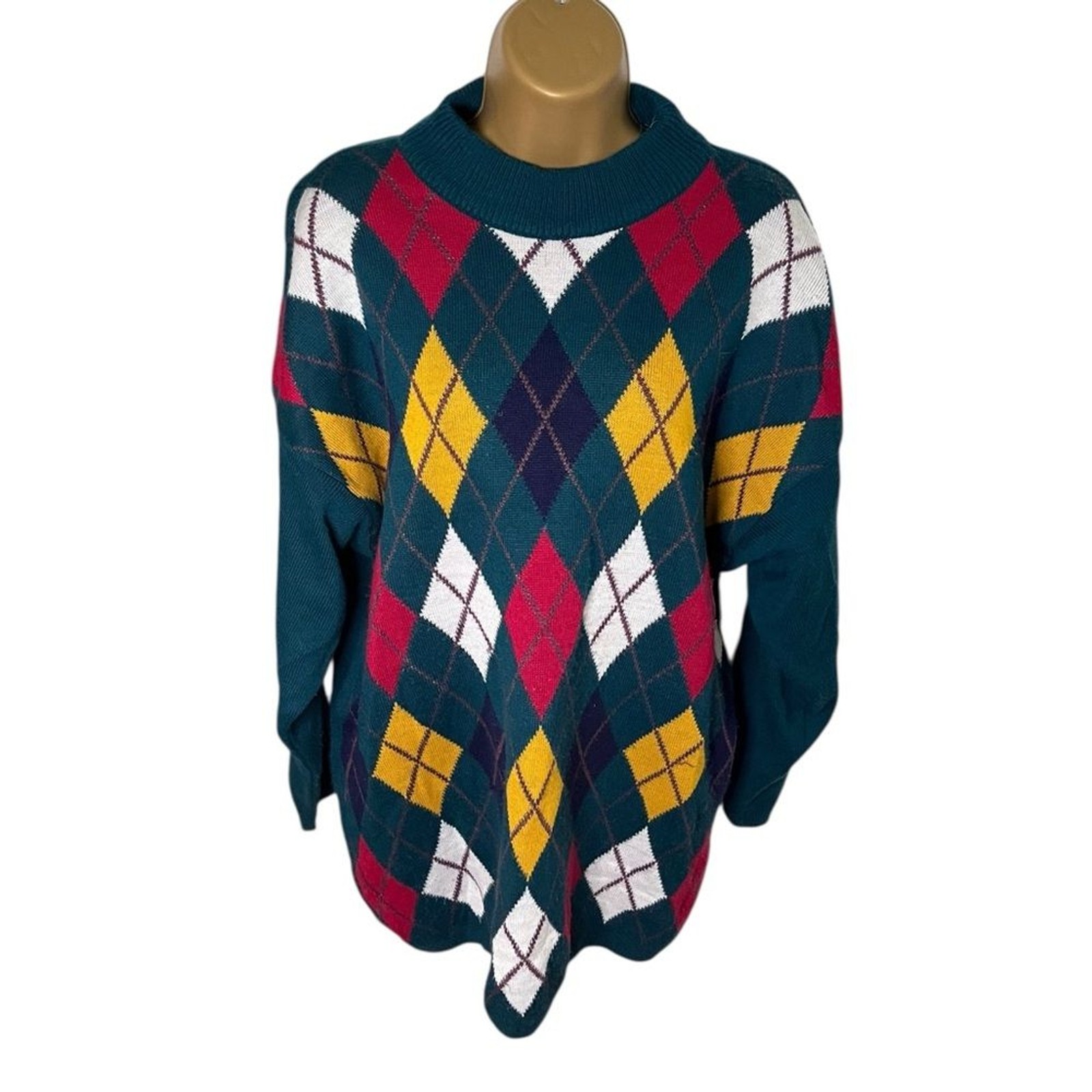 Vtg 80s Euro-Flash Argyle Knit Pullover Sweater Slouchy Mock Neck Dark Teal OS