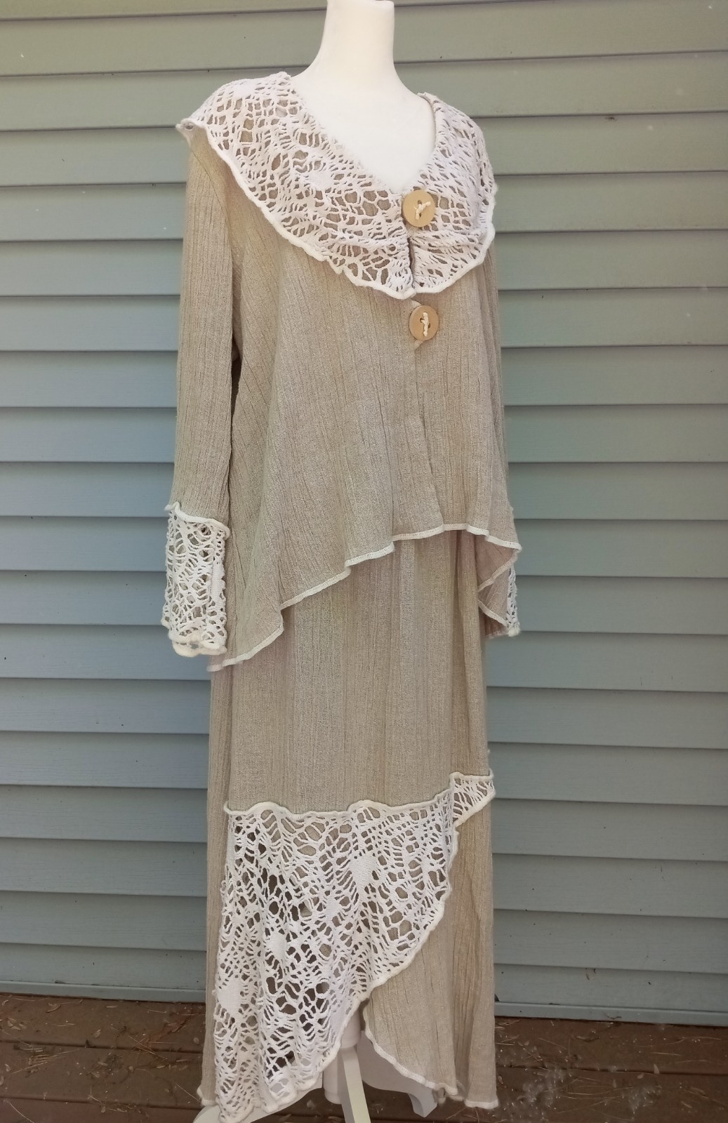 VTG EU SKIRT SUIT CRINKLED LINEN CROCHET BOHO HIPPIE PEASANT OVERSIZED fits L-XL