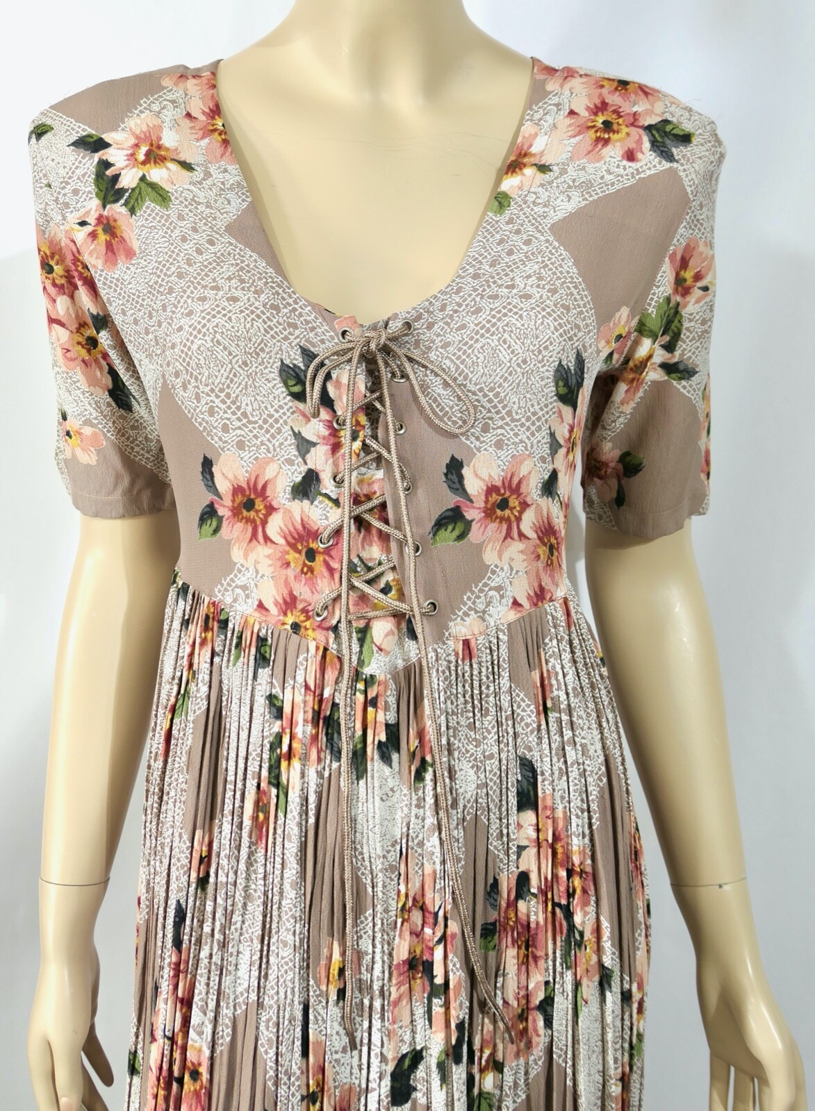 Vintage Starina Midi Maxi Fan Pleat Dress Double Corset Semi Sheer M
