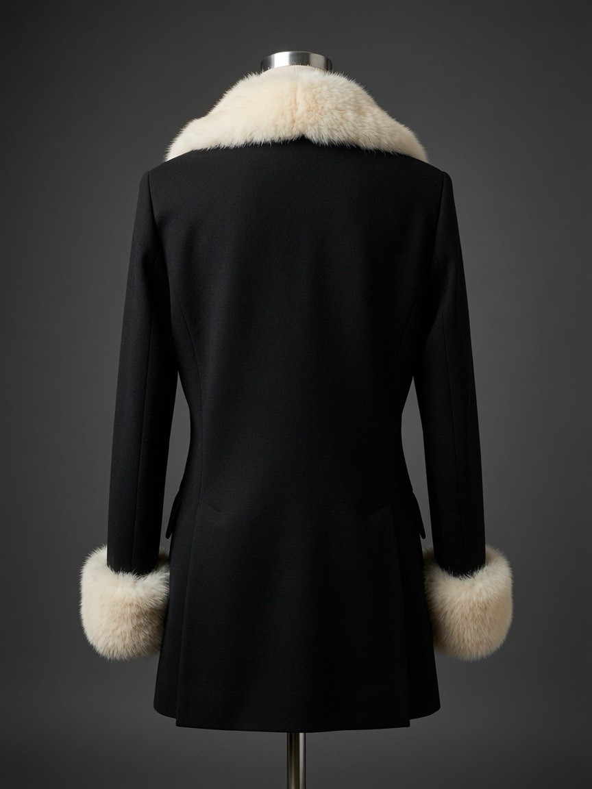 Vintage Couture Imports Black Wool Coat with Cream Fur Collar & Cuffs