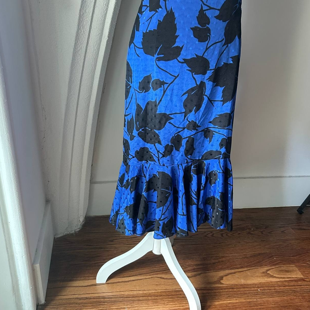 New Raves Vintage 80s Black Blue Maxi Dress Sz S Padded Shoulders