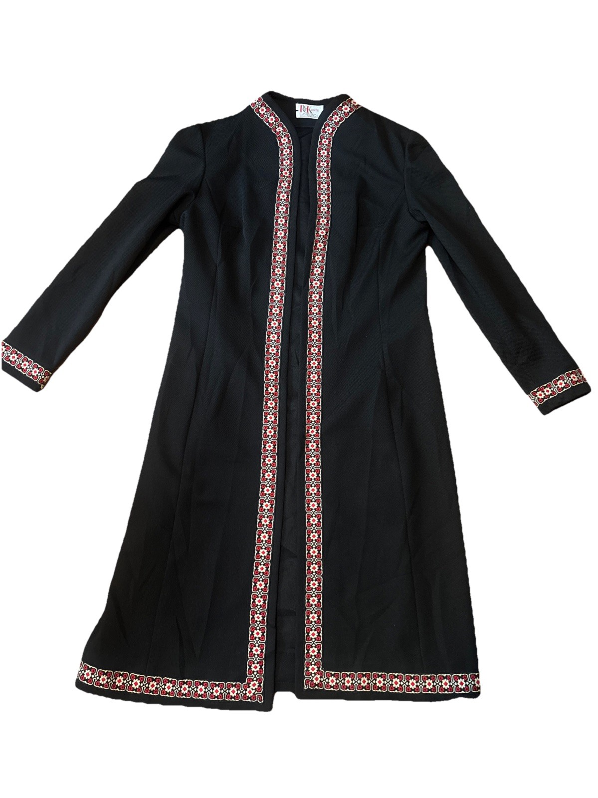 Vintage R & K Knits Embroidered Duster Coat 19 Ptp Length 40 With Floral Border