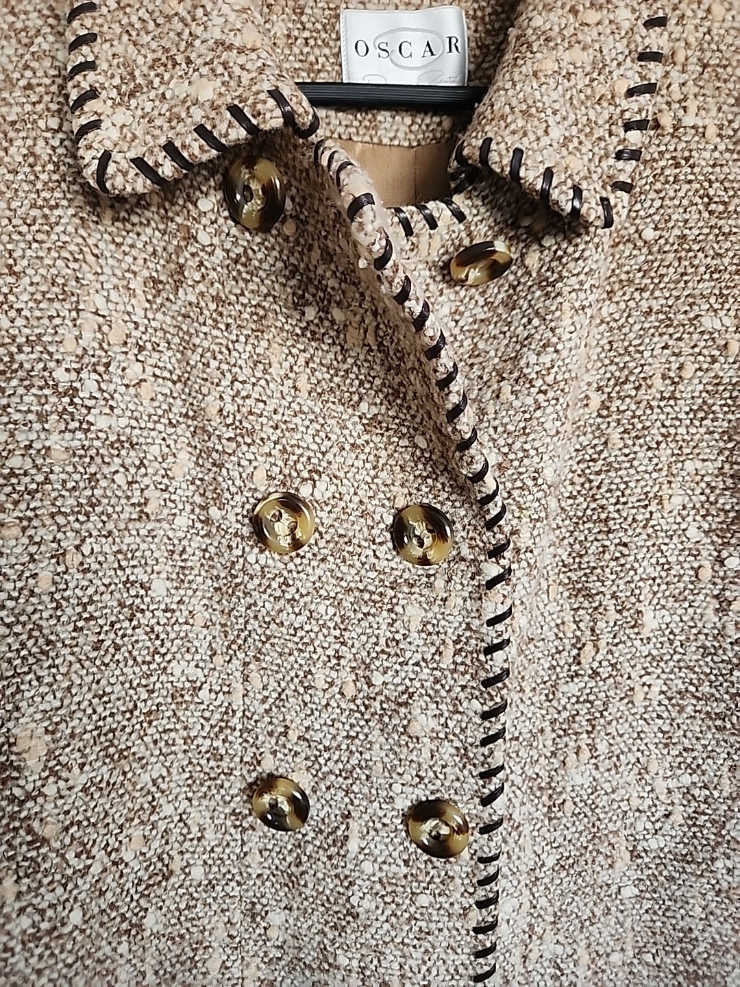 Vintage Oscar de la Renta Wool Tweed Coat Double Breasted Belted Back