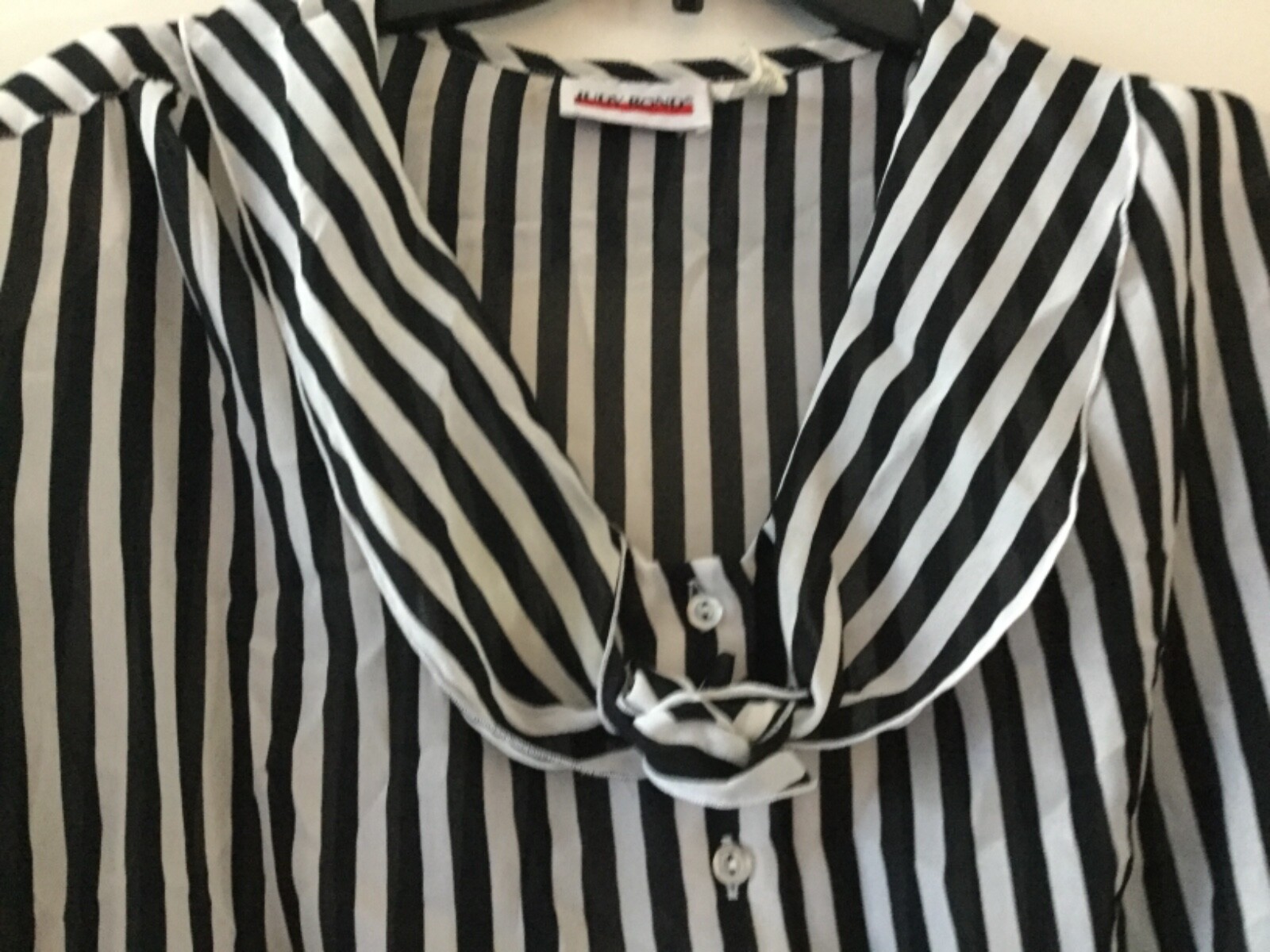 Vintage Judy Bond Size 16 Secretary Blouse Necktie Bow Black White Stripe Sexy