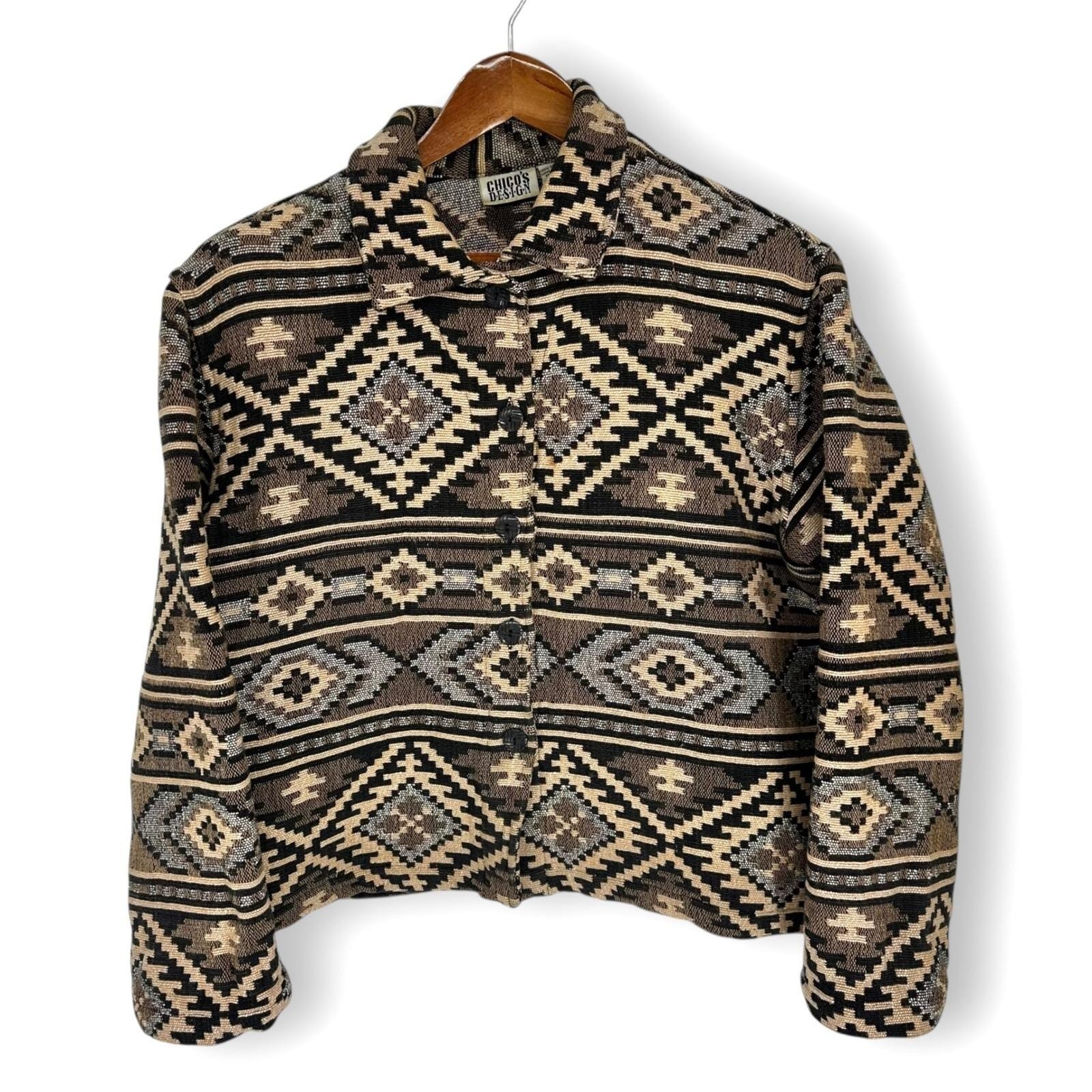 Vtg 90s Chico’s Design Jacket Sz 2 (L/XL) Cotton Tapestry Southwestern Geometric