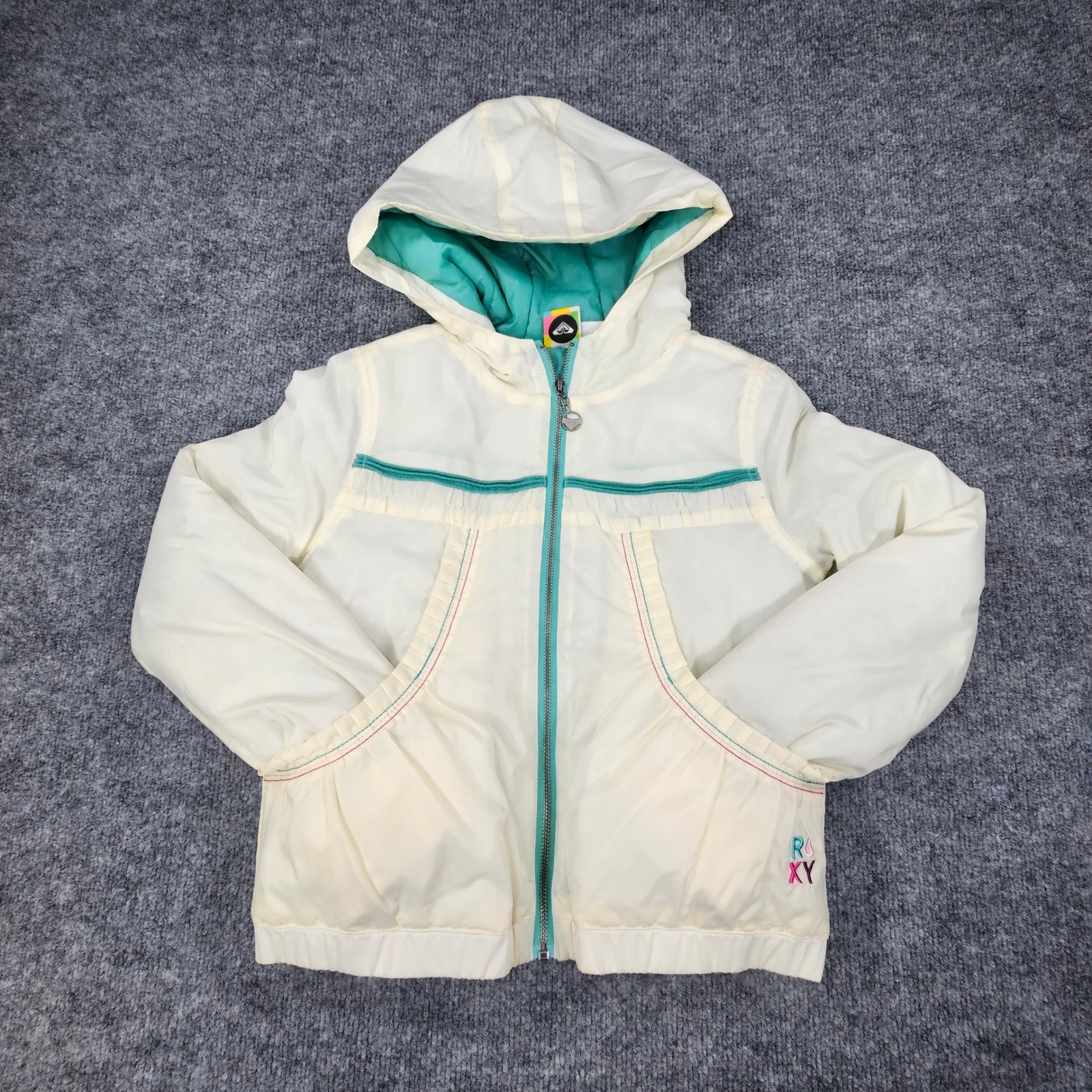 VTG Y2K Roxy Surf Sales Sample Puffer Jacket Womens M White Teal Hooded Rare