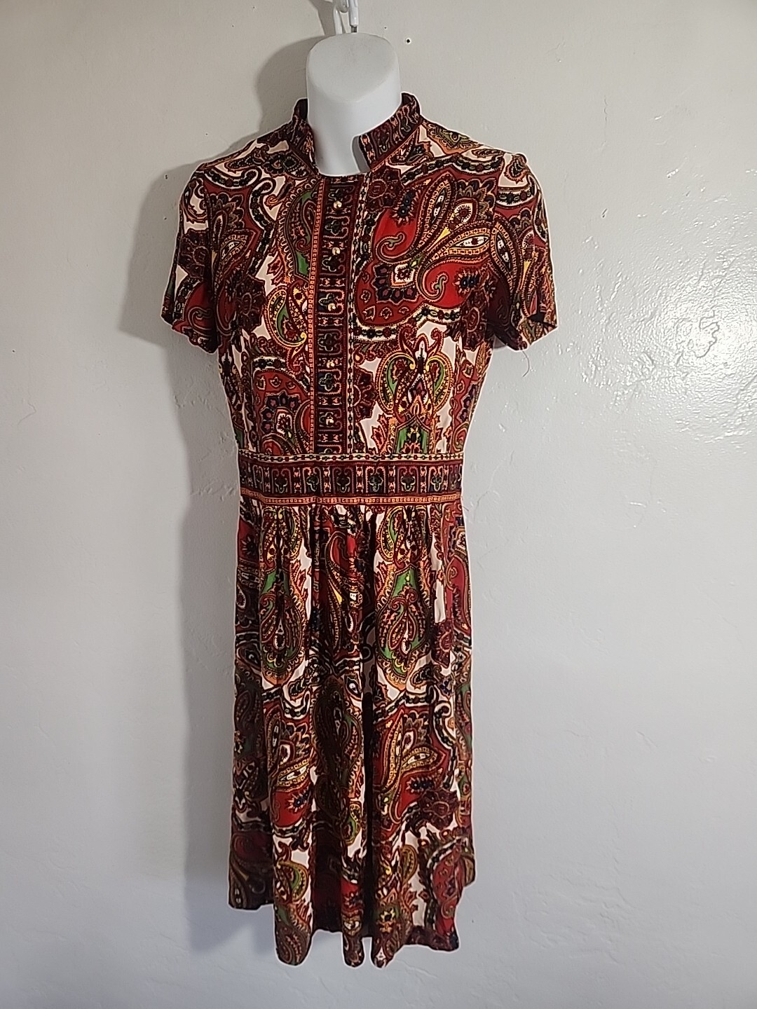 vintage 70’s dress paisly polyester psychedellic jerrie lurie 1970’s hippy 27″ w