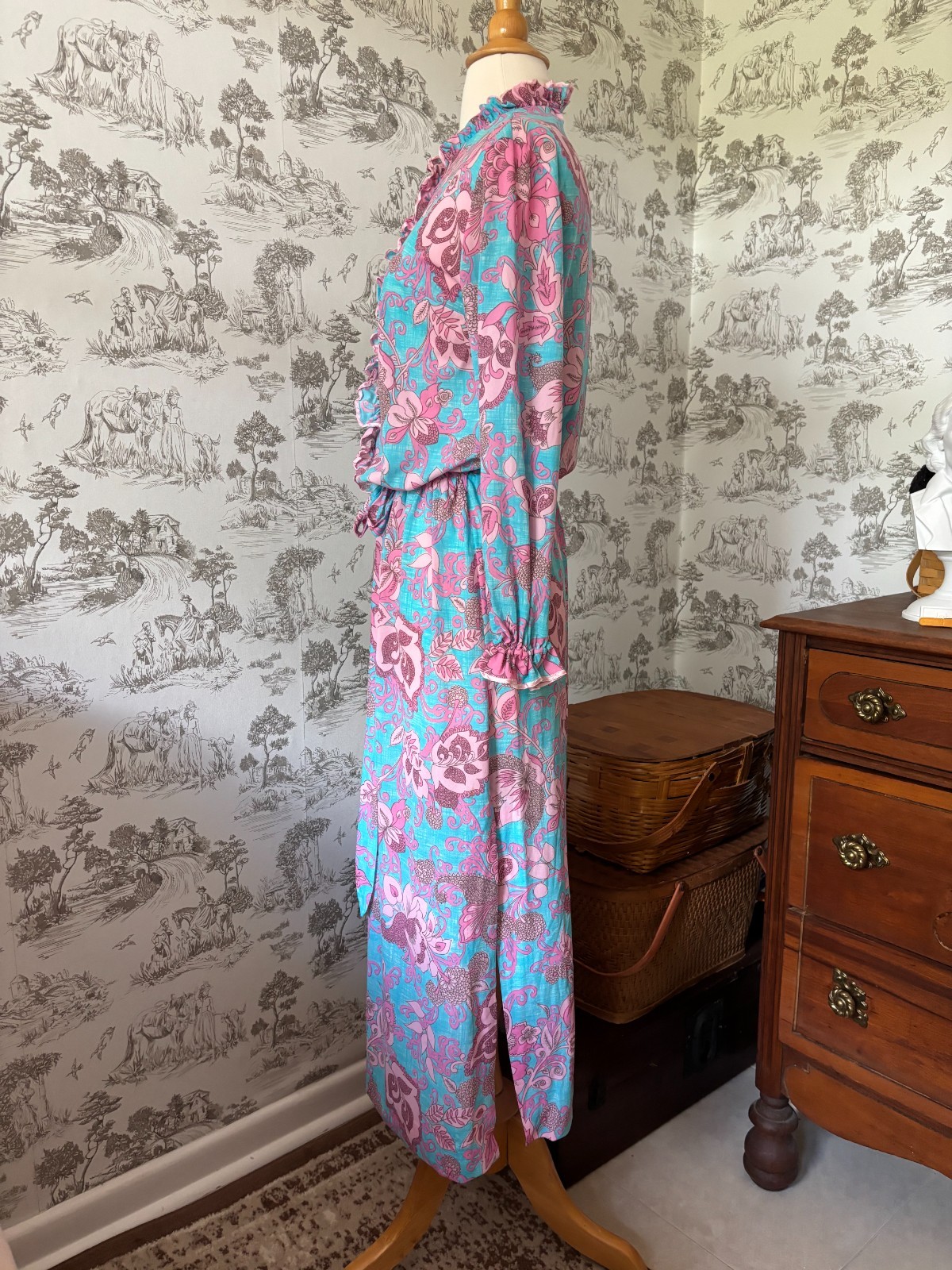 Vintage 70s Funky Floral Midi Dress Blue and Pink Gathered Tie Waist Ruffles