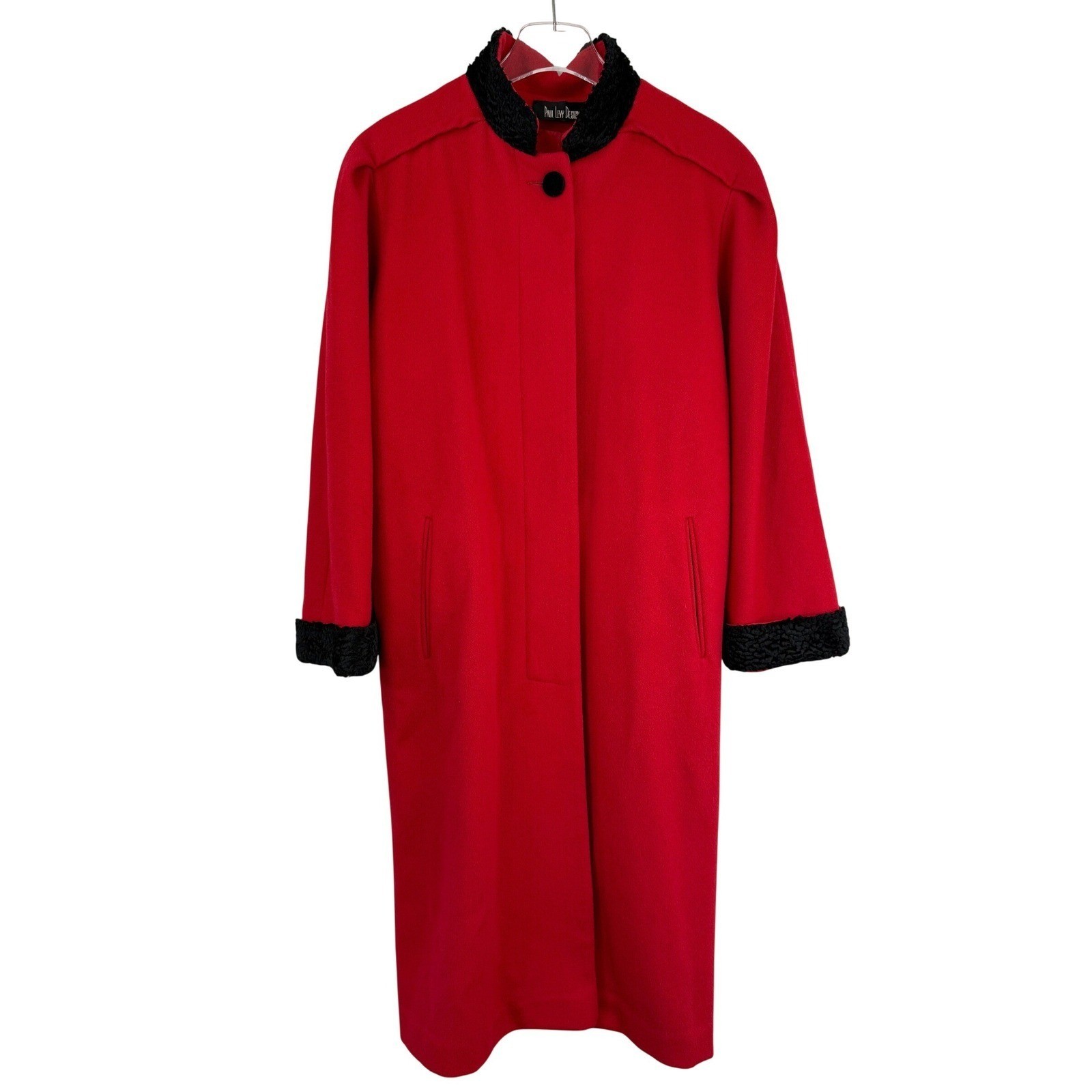 VINTAGE 80s Paul Levy Designs Wool Coat Women XL Red Faux Fur Trim Long Elegant