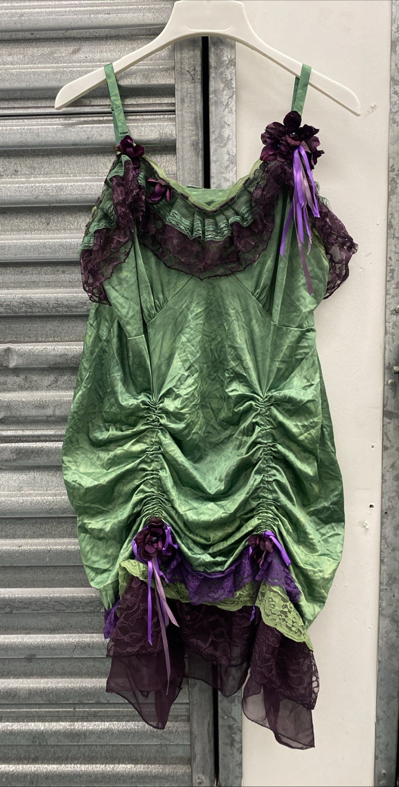 Handmade VTG Tinkerbell Flapper Style Dress W/ Beaded Purple Flower Appliqués XL