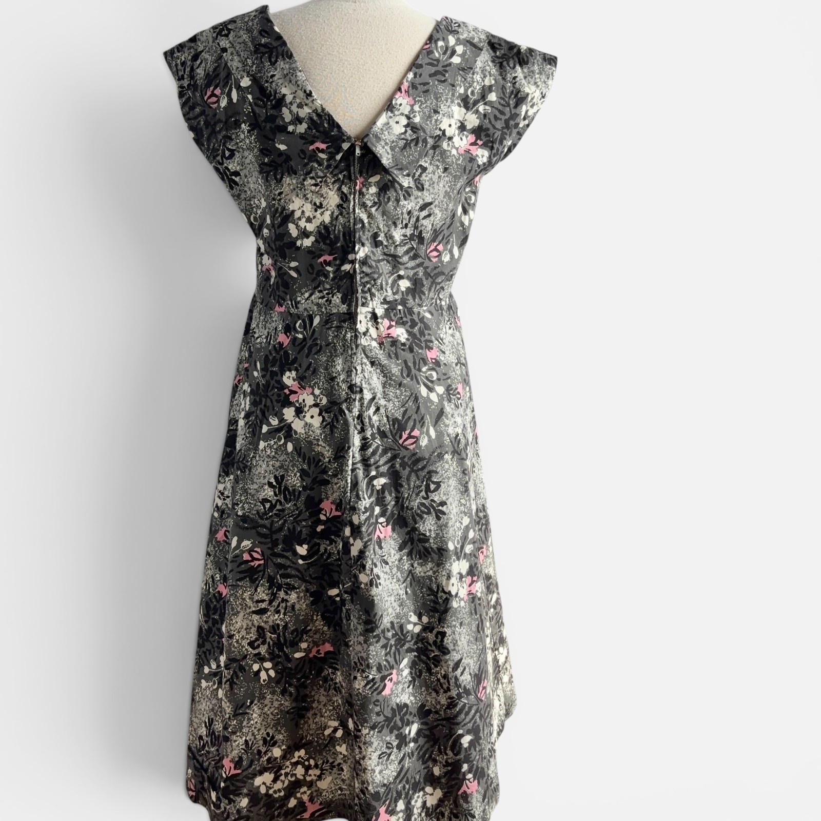 Vintage 1950s Pink Black Gray Abstract Print Fit & Flare Cotton Dress M/L