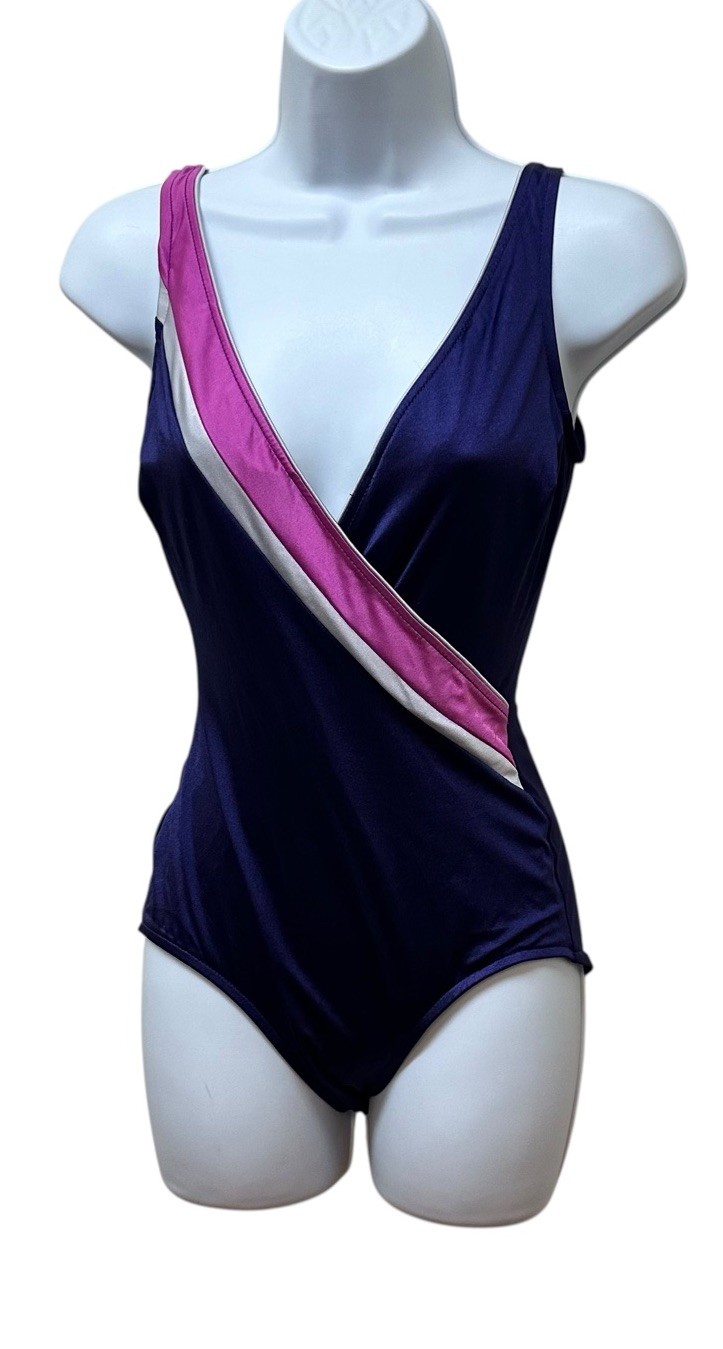 Vintage Jantzen Swimsuit Retro One Piece Size 12 Blue Pink Made in USA