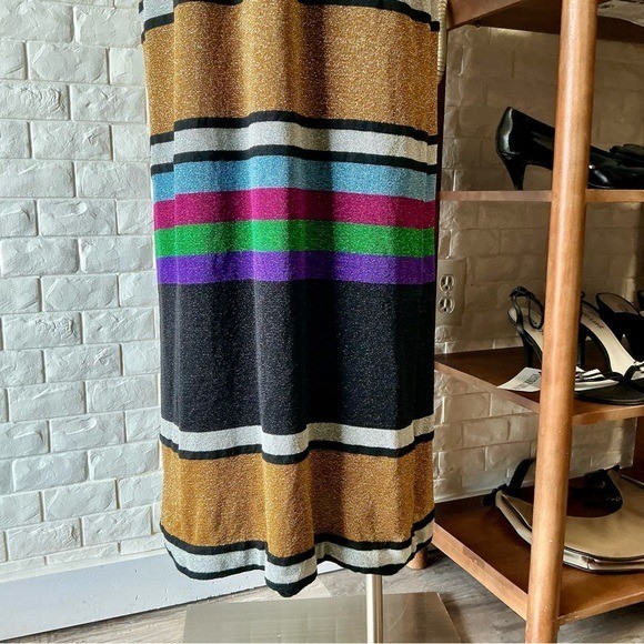 Vintage 1970s Italian Metallic Striped Colorblock Glitter Lurex Ribbed Knit Gown