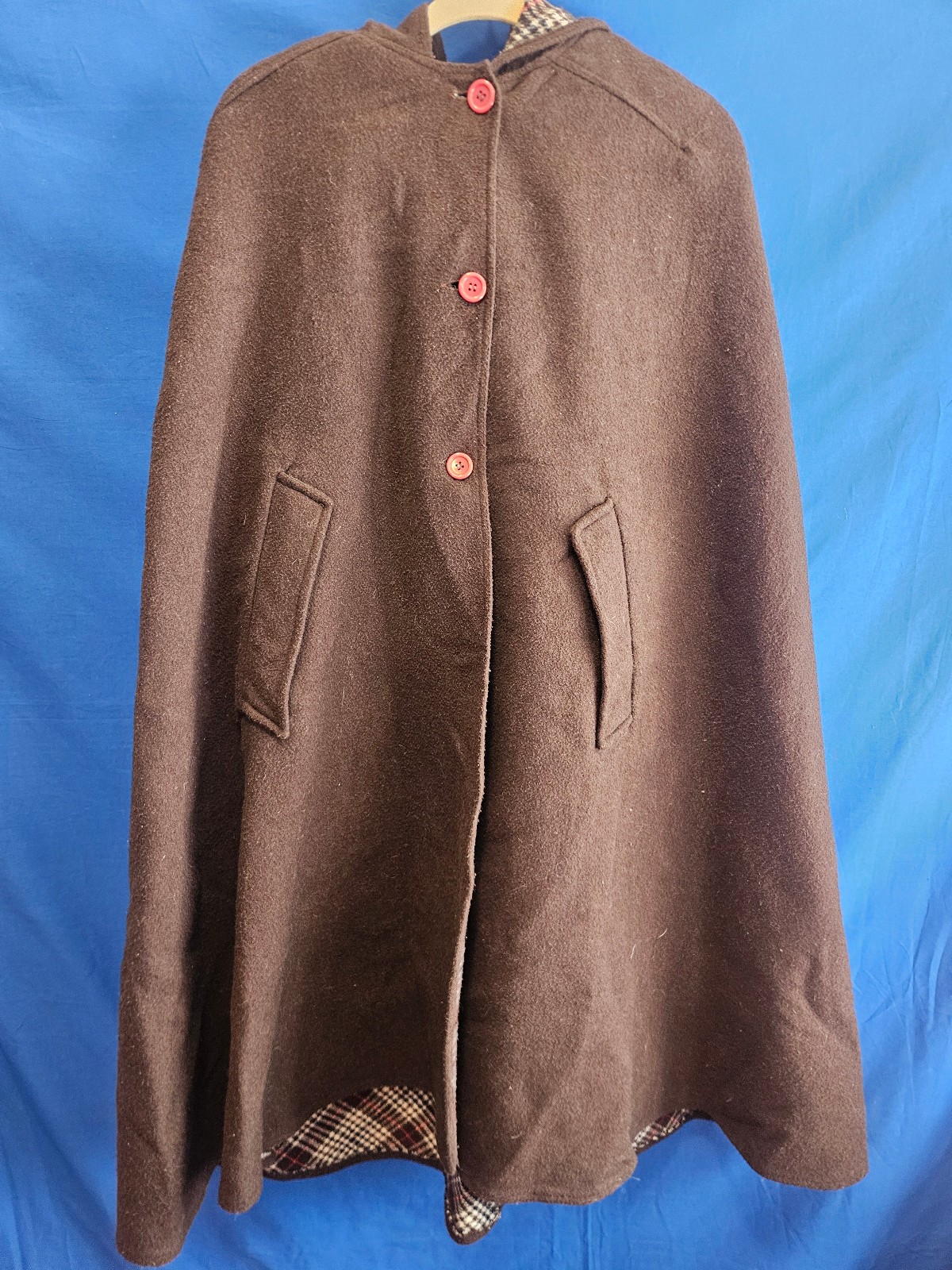 Vintage Brown Wool Hooded Cape with Houndstooth Plaid Lining