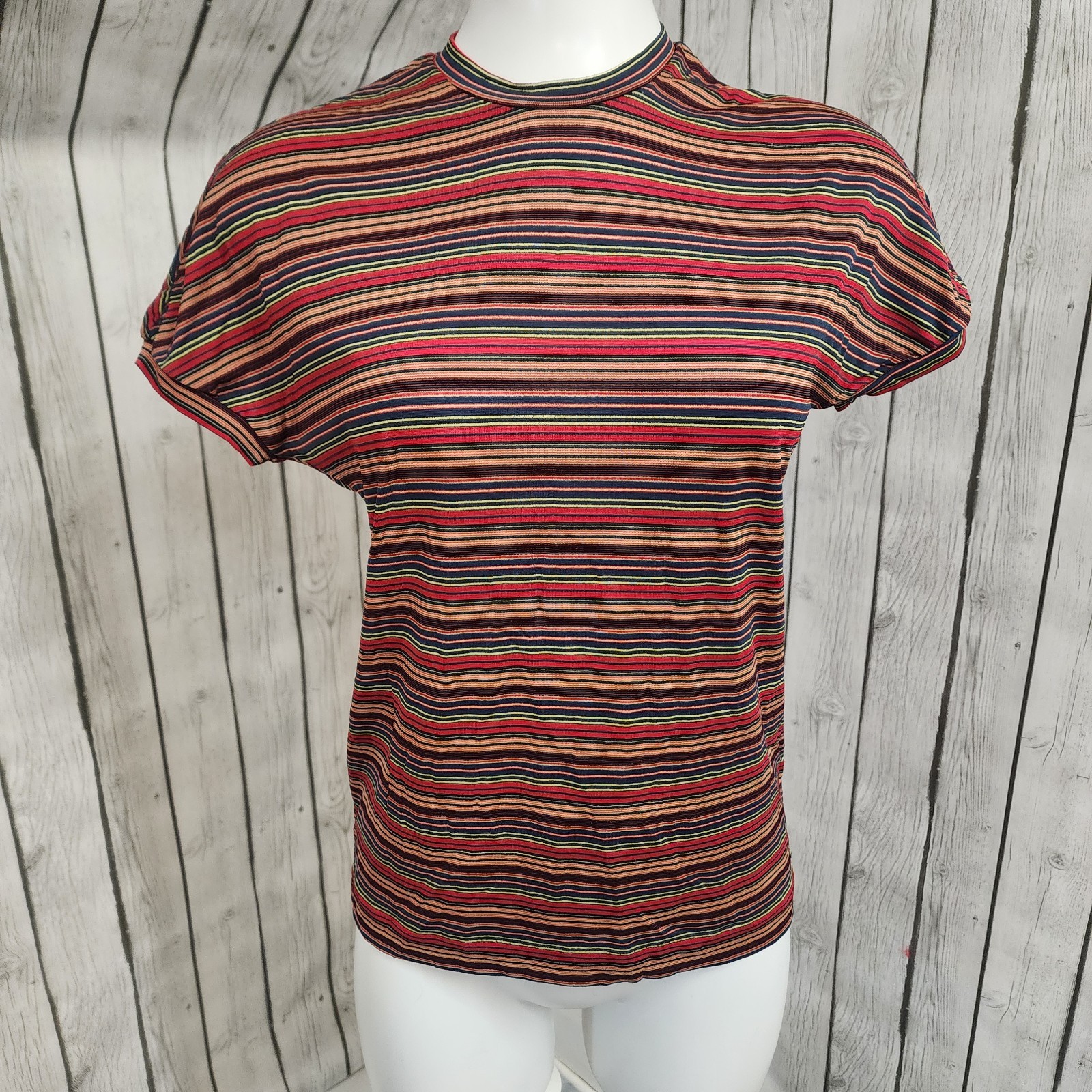 Vintage 70s George & Ray Designs Striped Mock Neck Top Sz L Multicolor Disco