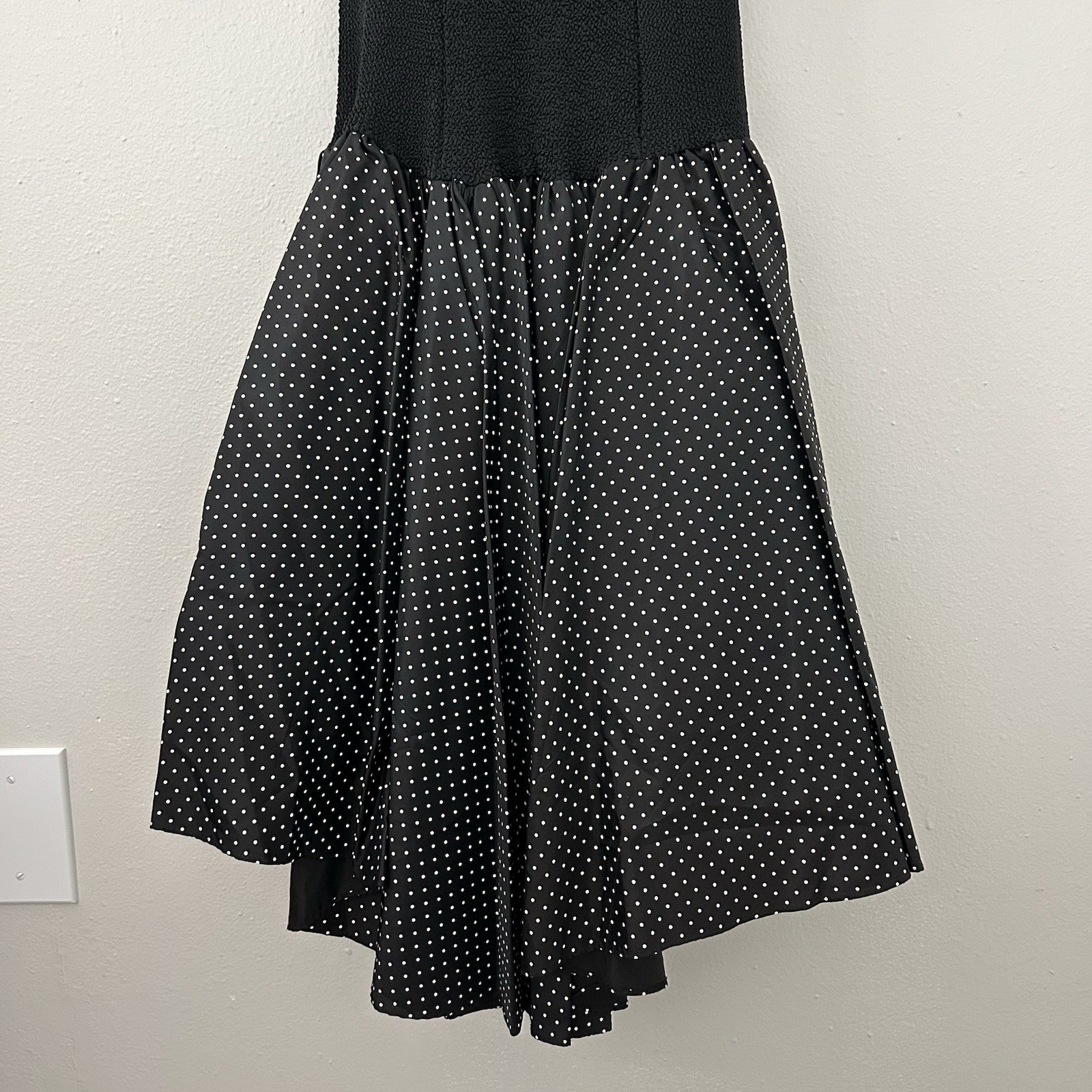 Vintage 80s Polka Dot Prom Party Dress Balloon Puff Sleeve Drop Waist Hi-Low Hem