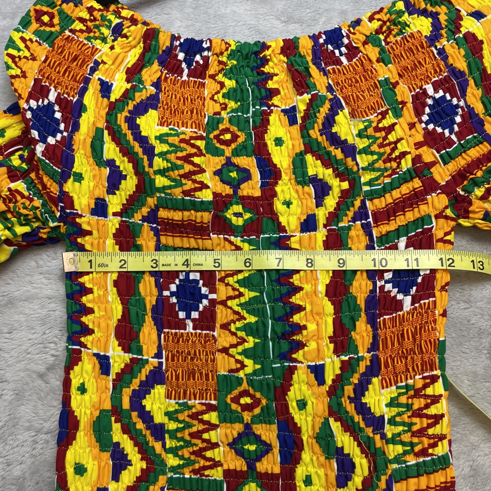 Vtg Smocked Kente African Maxi Dress Free Size World Dance Cultural Festival
