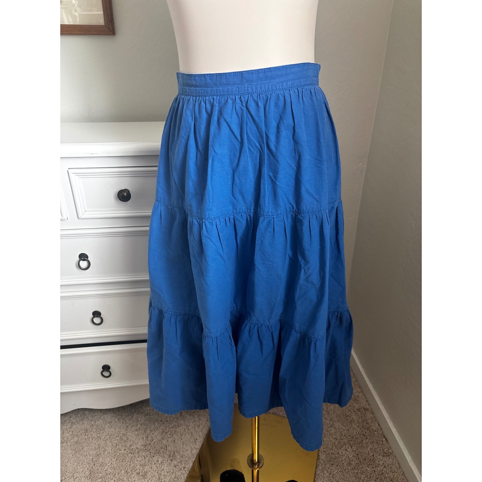 Vintage Crazy Horse Blue Tiered Cotton Midi Skirt High Waisted Cottagecore XS