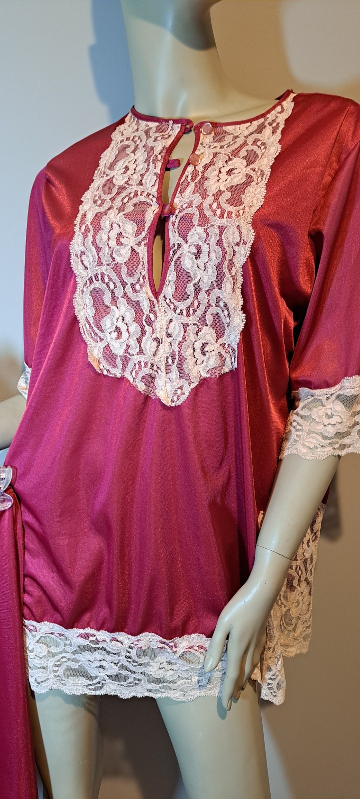 Maroon Wine Red Vtg Hostess Lounge Tunic Pajamas L Xl Beautiful Beige Lace Must