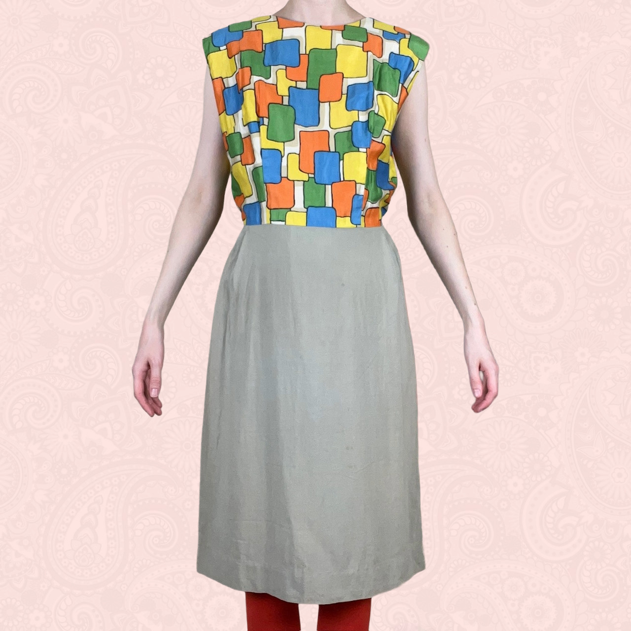 Vintage 60s Edith Flagg CA Colorful Geometric Op Art Fitted Pencil Skirt Dress S