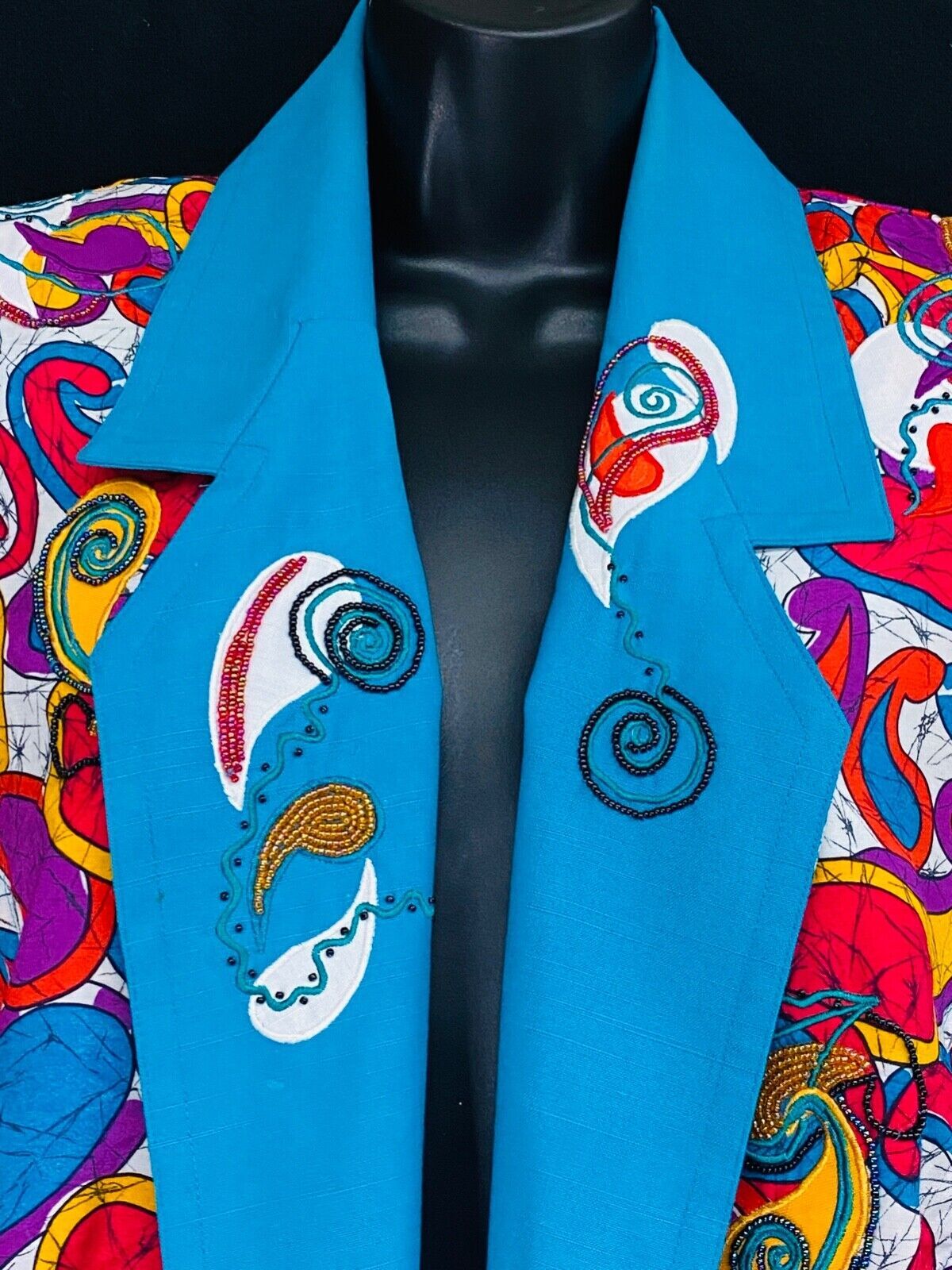 Vintage 1980s colorful crop jacket silk beaded teal oversized lantern sleeve top