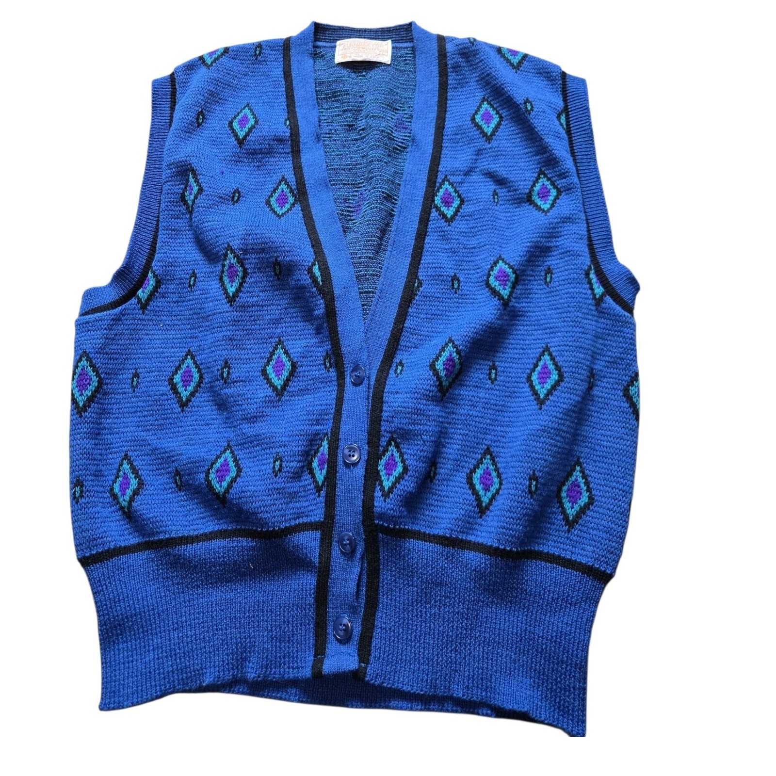 Vintage Pendleton Wool Knit Vest Blue Geometric Diamond Button Front Large USA