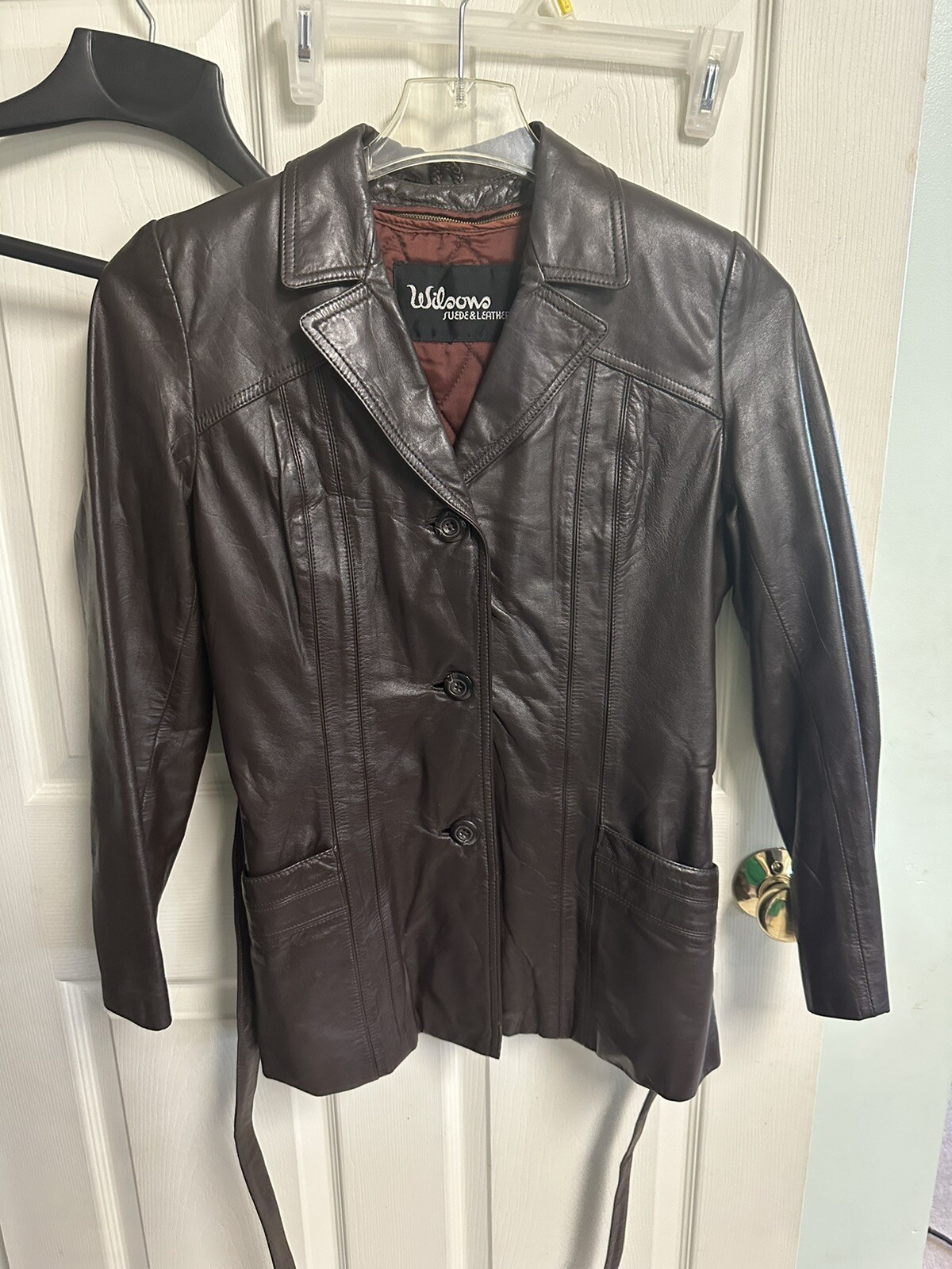 WILSONS LEATHER VNT Small 8 Dark Brown Leather Belted Jacket 70’s Mob Lined