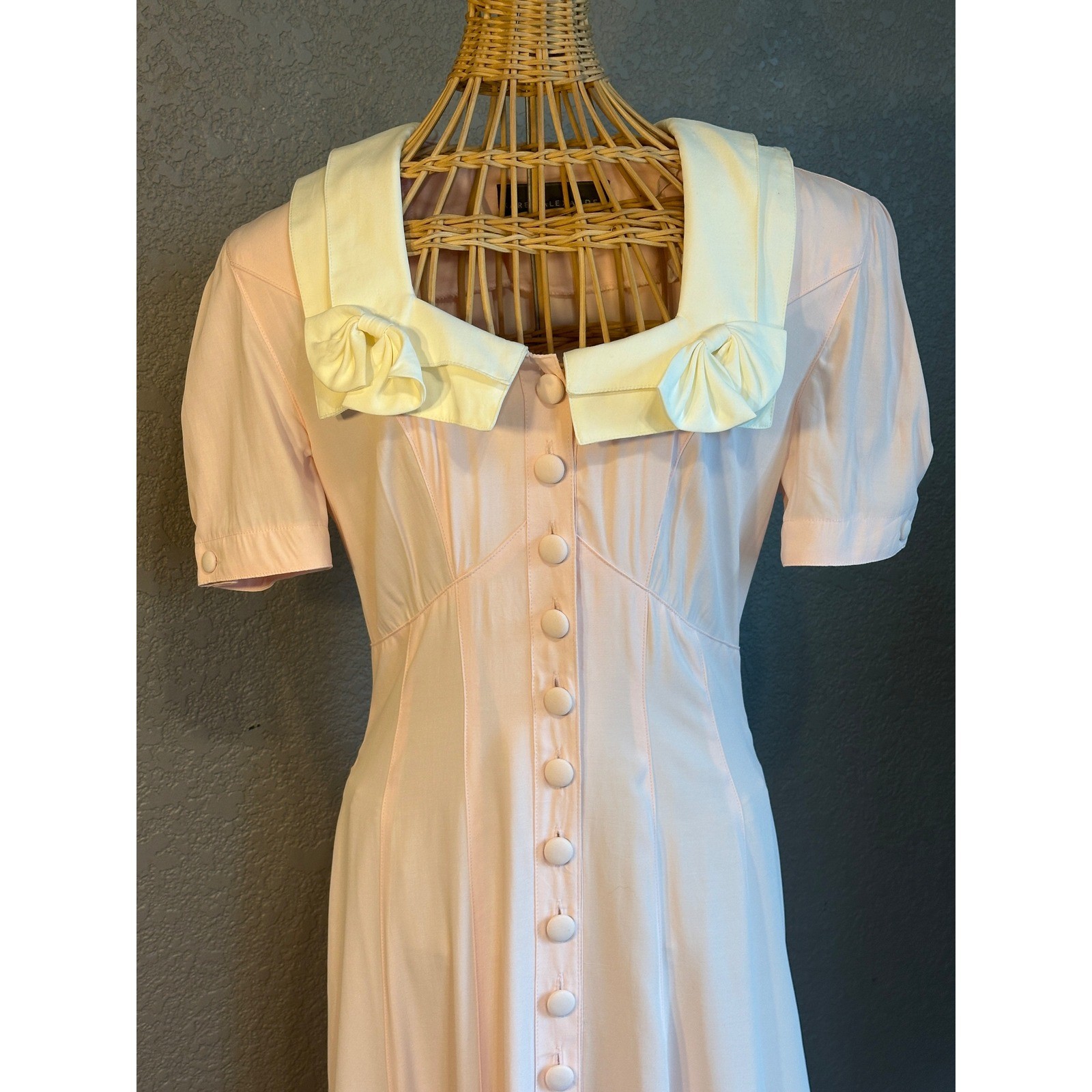 Vtg Karen Alexander 8 Pink Sailor Collar Maxi Dress Bows Button up Cottagecore