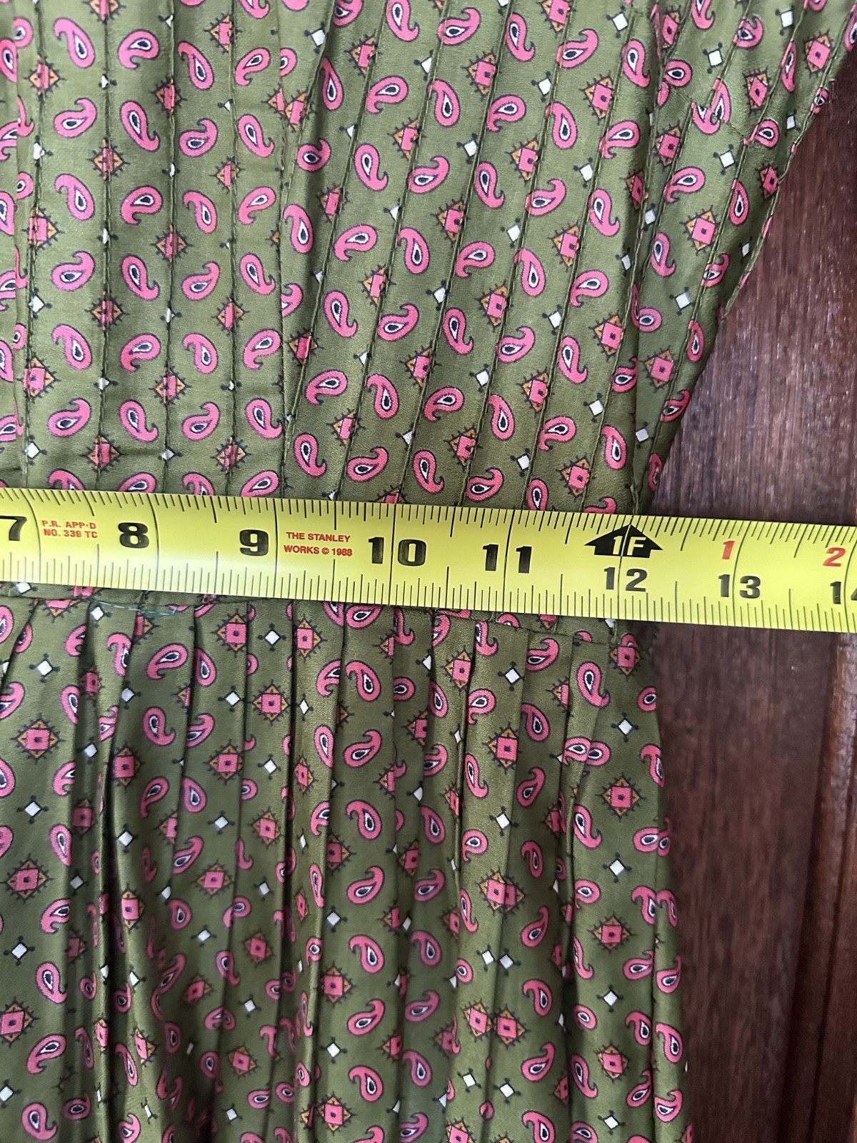 Wendy Woods Green Paisley Pleated Vintage Dress